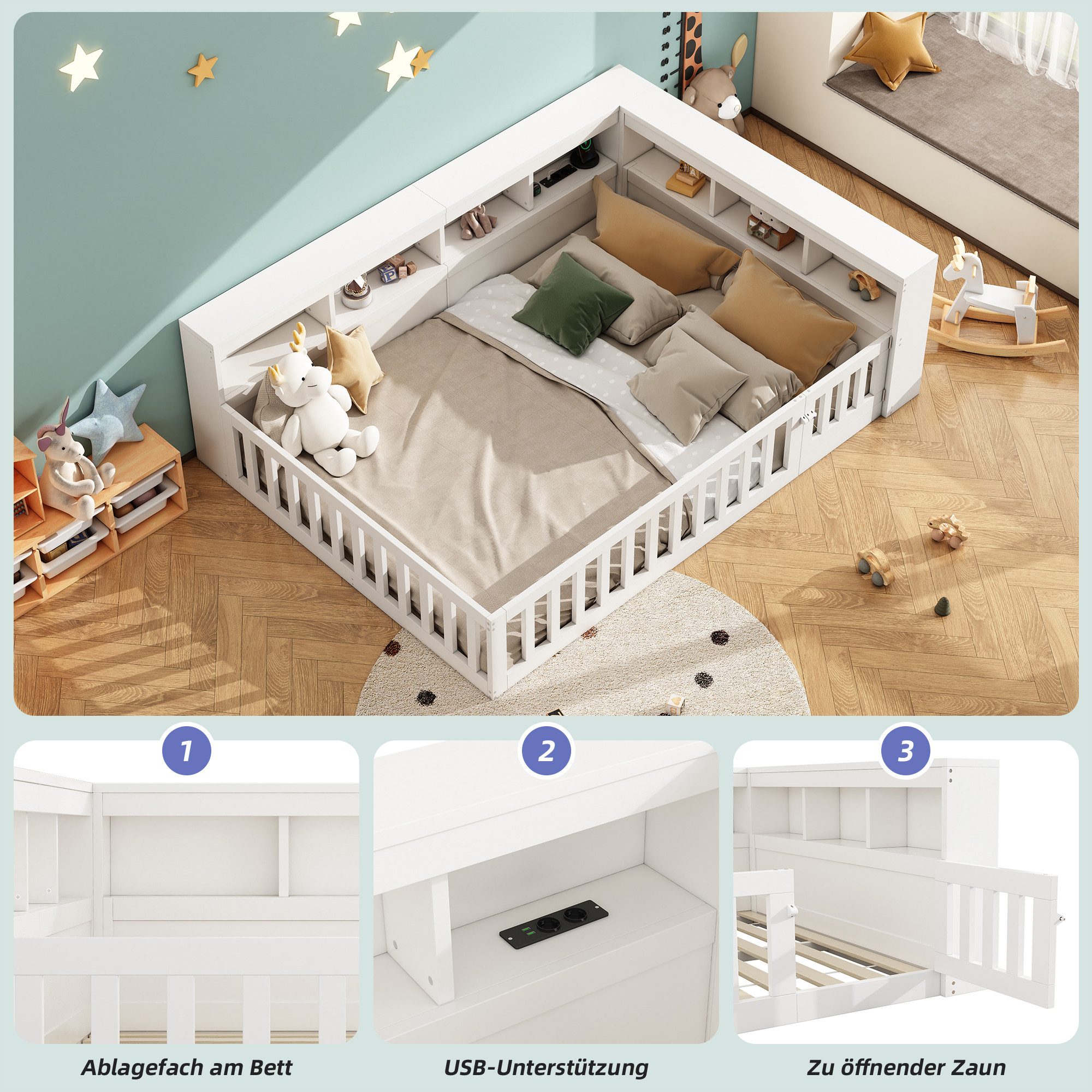 TavilaEcon Kinderbett 90×200 cm Bettseite mit Staufach, Brüstung, Daybett mit Lattenrost, Steckdose & USB-Anschluss, ohne Matratze, Beige – Bild 5 von 5