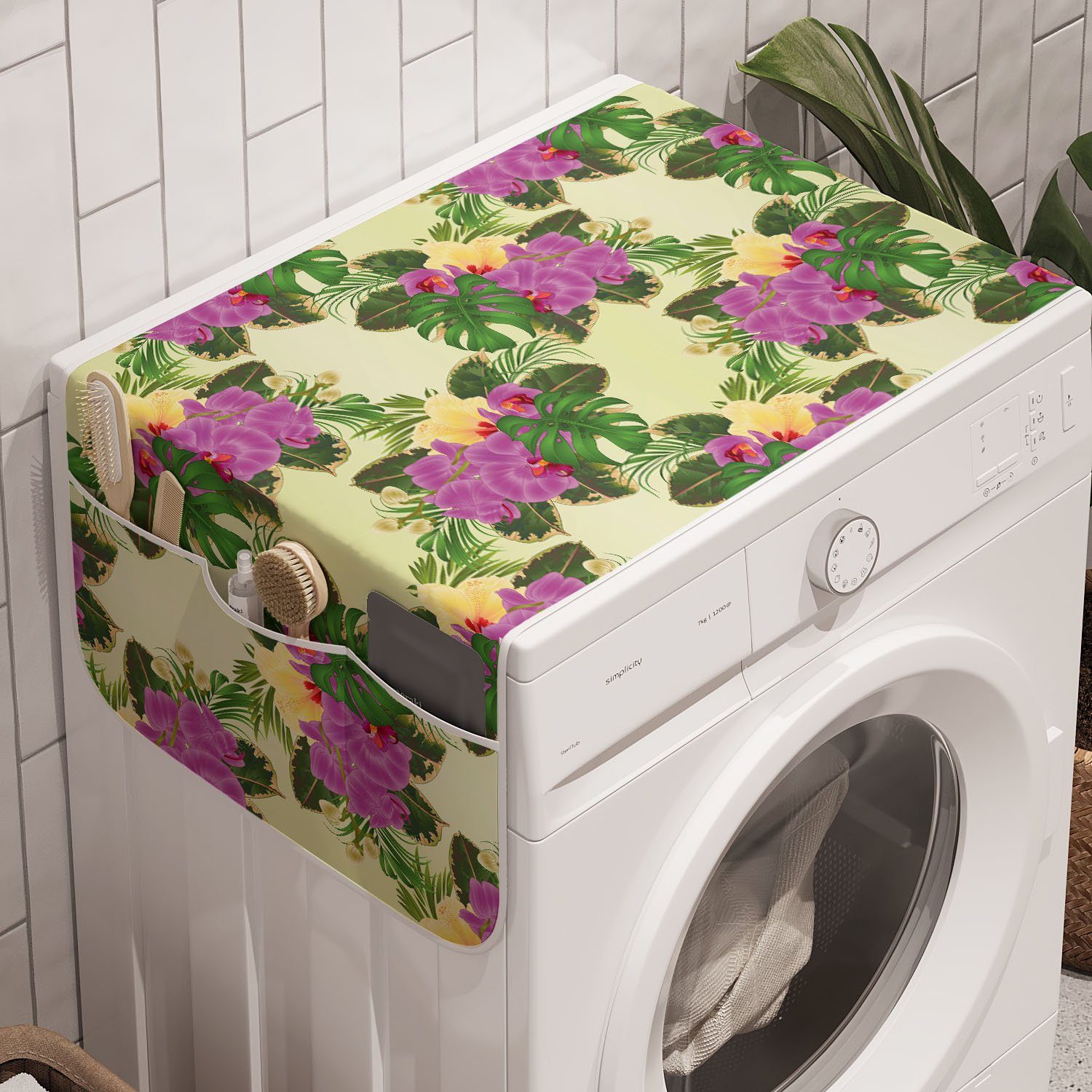 Abakuhaus Badorganizer Anti-Rutsch-Stoffabdeckung für Waschmaschine und Trockner, Philodendron Orchid und Hibiscus