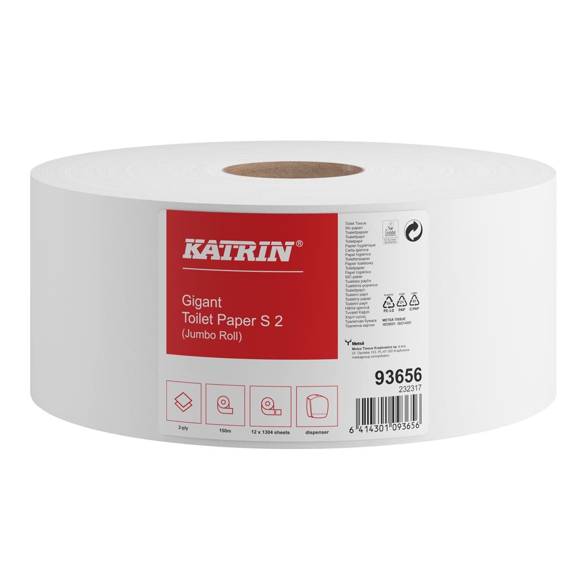 KATRIN Toilettenpapier KATRIN 93656 KATRIN Jumbo-Toilettenpapier Gigant S2 2-lagig, 12 Rollen