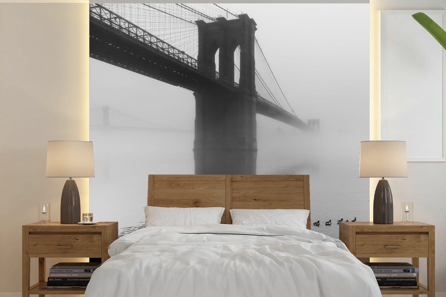 MuchoWow Fototapete Nebel bedeckt die Brooklyn Bridge in New York in schwarz-weiß, Matt, bedruckt, (5 St), Vinyl Tapete für Wohnzimmer oder Schlafzimmer, Wandtapete