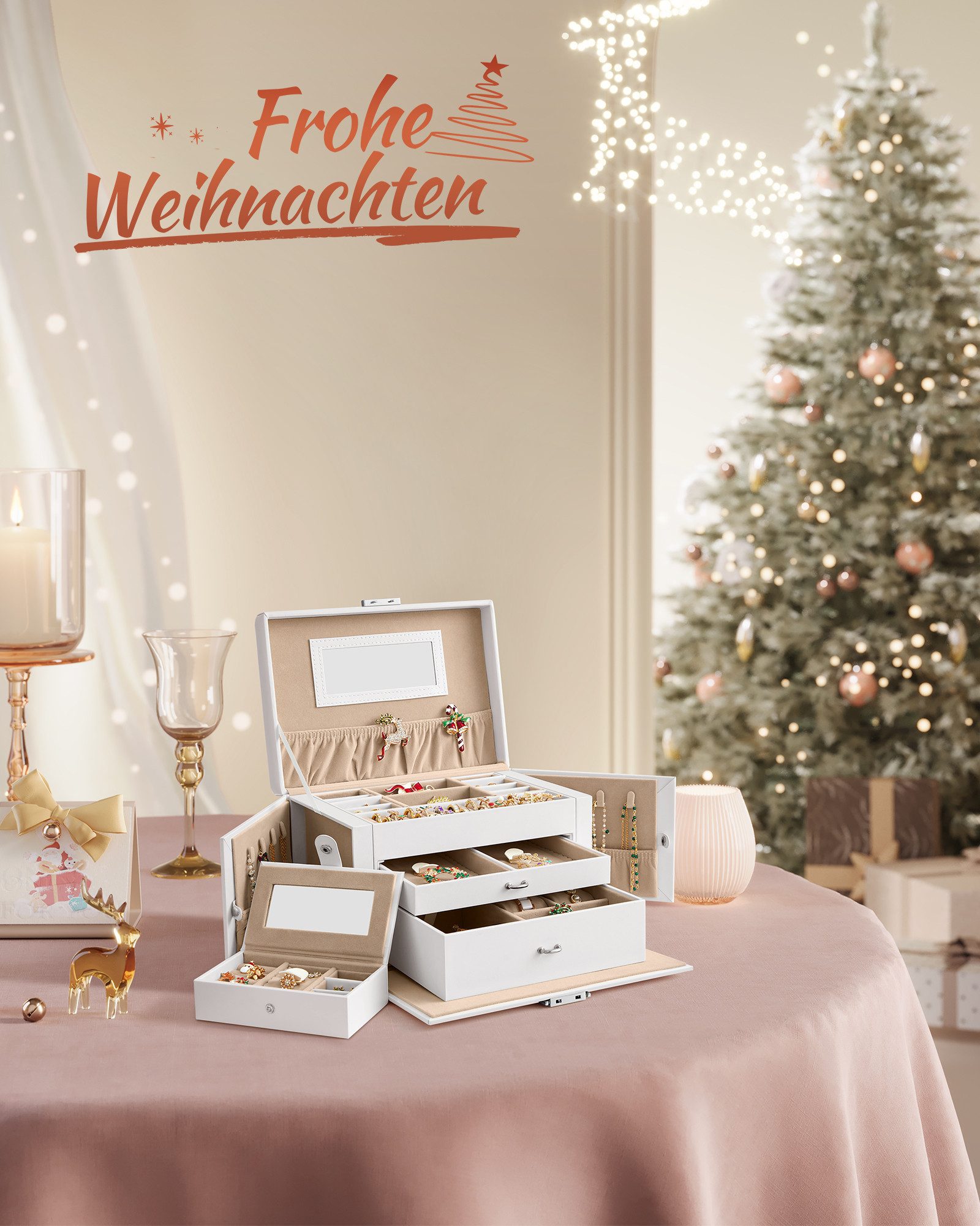 SONGMICS Schmuckkasten, Schmuckkästchen mit 2 Schubladen, Samtfutter, weiß