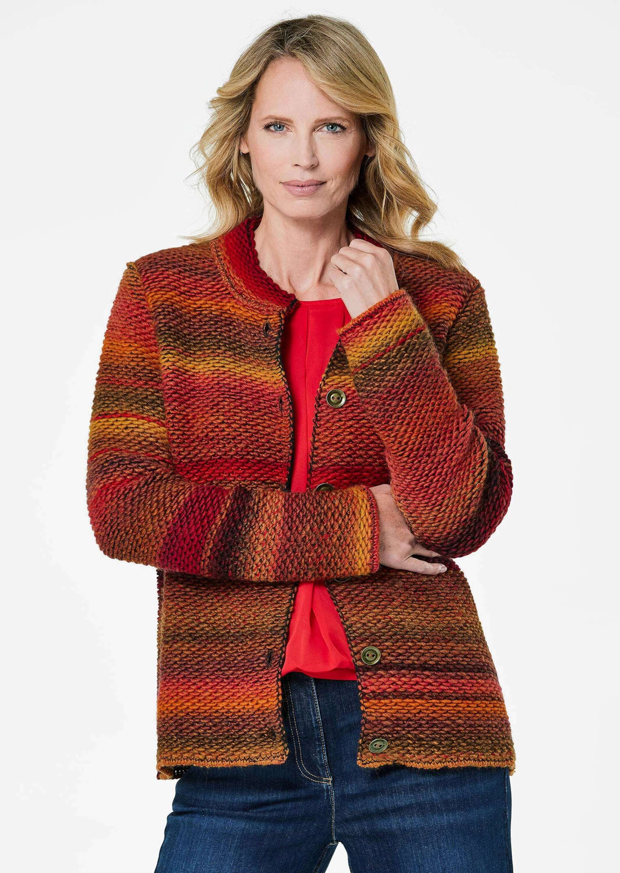 GOLDNER Strickjacke Multicolor Woll-Jacke mit Stehkragen Hüftlanger Schurwo günstig online kaufen