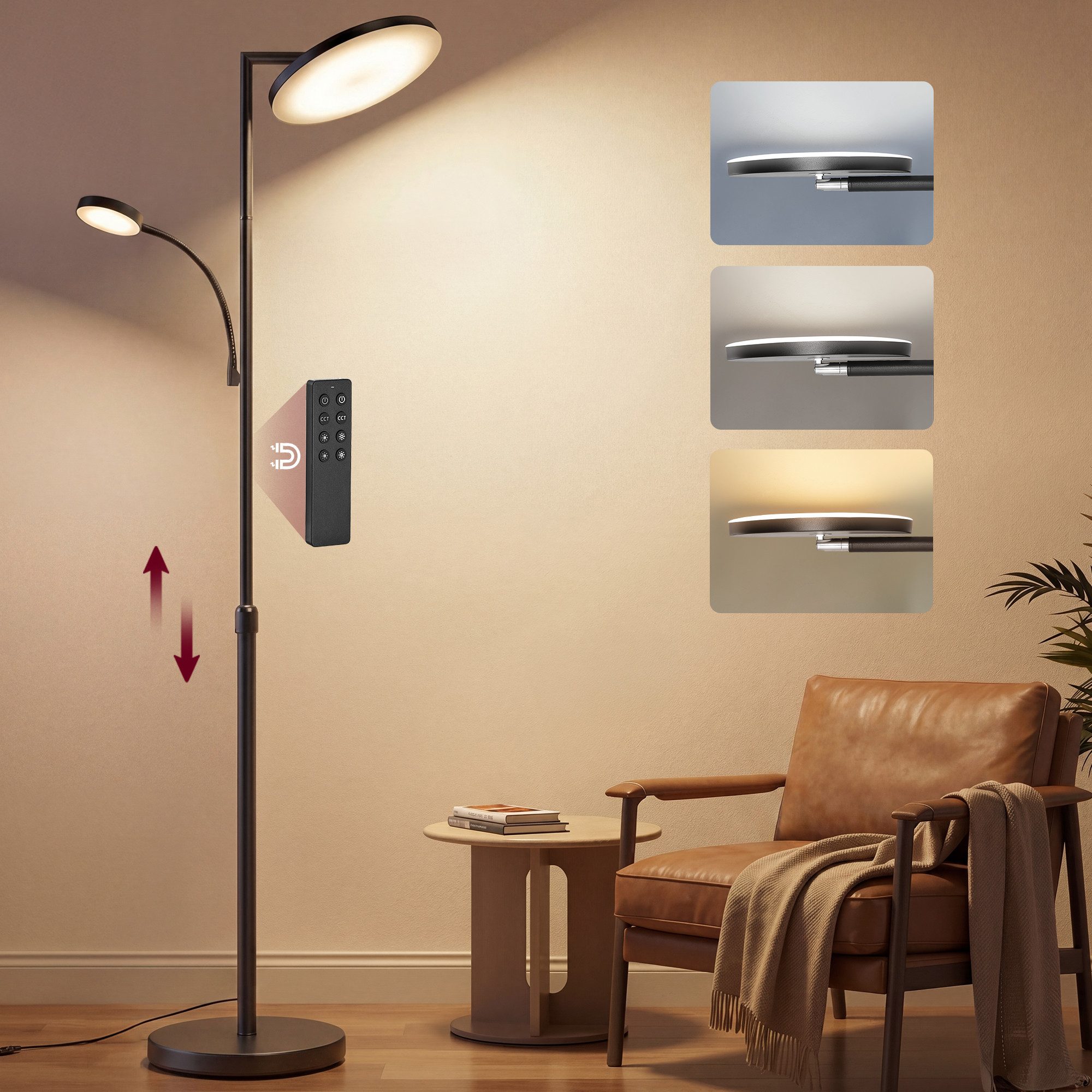 VASAGLE Stehlampe Stehlampe Wohnzimmer, LED-Stehleuchte, für Schlafzimmer, Büro, Timer, Standleuchte 42W, drehbarer Lampenkopf, Tasten- und Fernbedienung