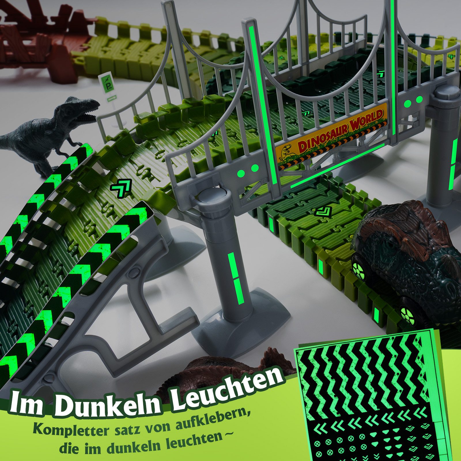 Coroiesty Autorennbahn Dinosaurier Rennbahn Set, Flexible Rennstrecke – Geschenk für Kinder, (Set), Flexible Schienen, leuchtende Dino-Fahrzeuge