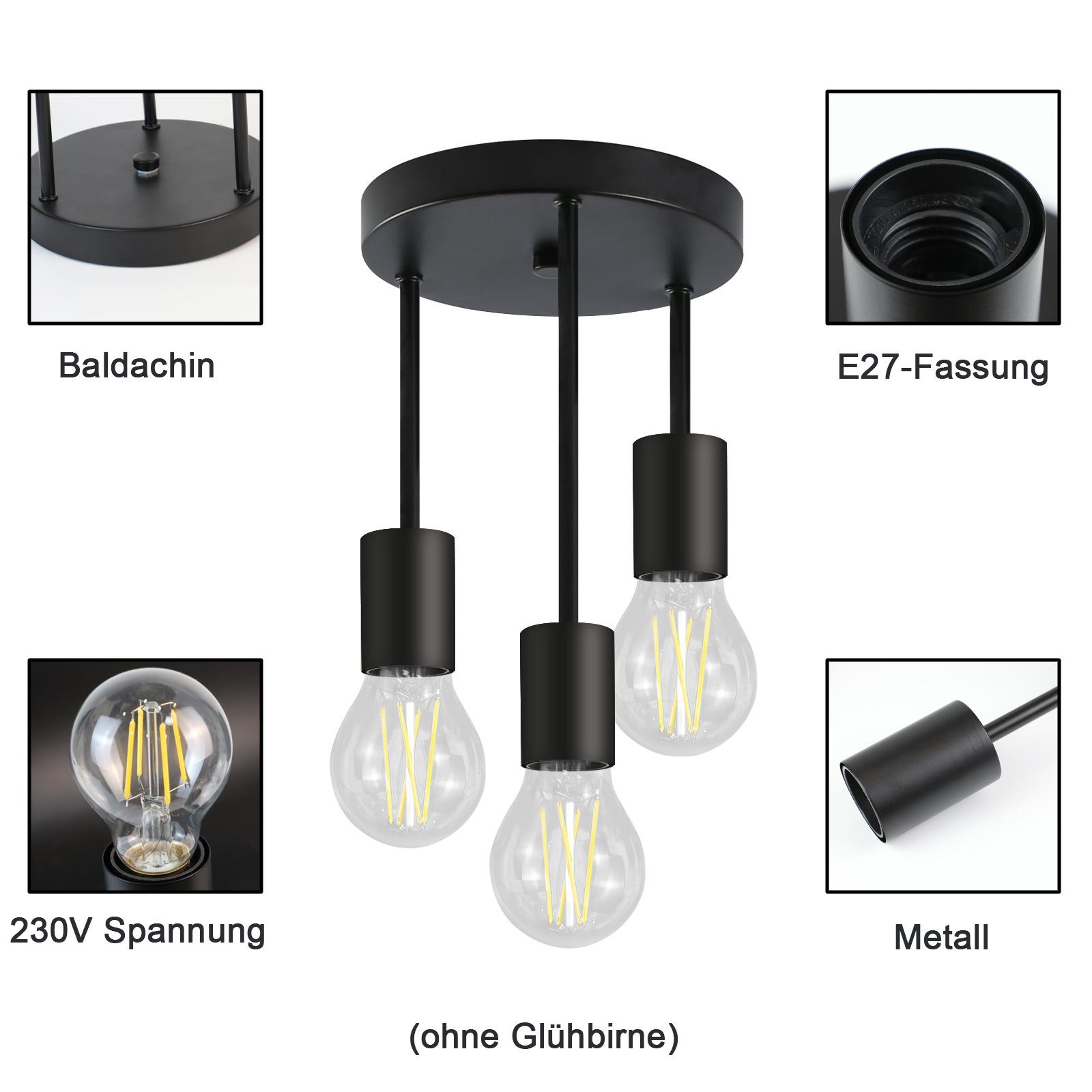 E27 Deckenstrahler - LED Spots, Nettlife Vintage wechselbar Deckenleuchte 3 3 Hängend mit Flammig Schwarz