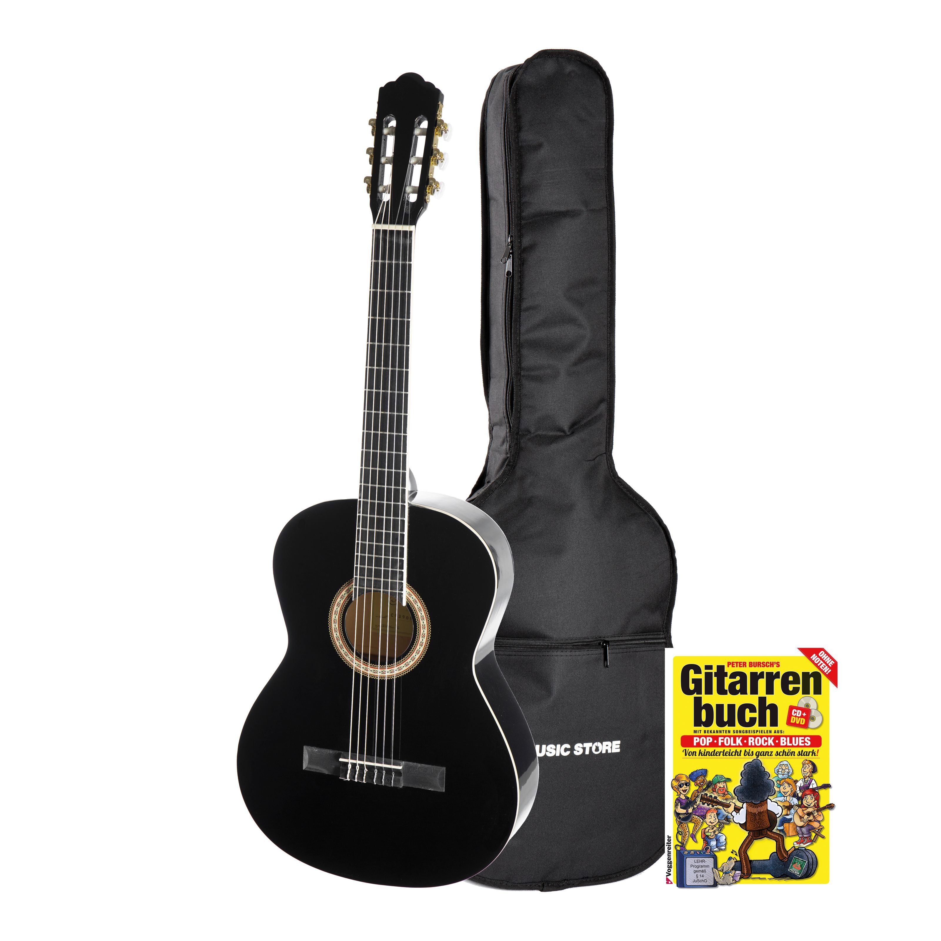 Almeria Konzertgitarre, Konzertgitarren Set 4/4 Größe Schwarz Linde Decke Klassisches Finish Chrom Hardware inklusive Gigbag und Gitarrenbuch, Konzertgitarren, Konzertgitarren-Sets, Konzertgitarren Set, Schwarz, Linde Decke, Gigbag, Gitarrenbuch