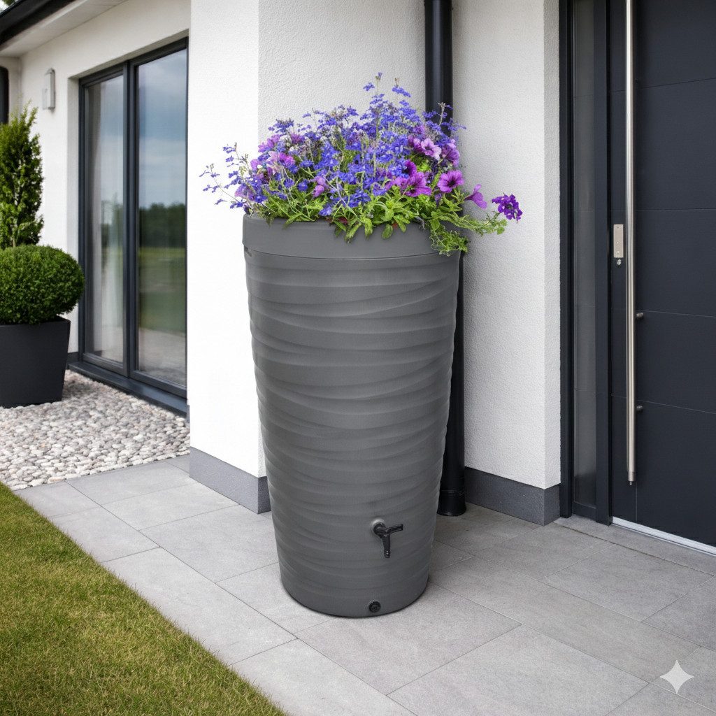 YourCasa Regentonne 240 Liter [Wave Design] Regenfass aus Kunststoff mit Wasserhahn, Bepflanzbar,240L,mit Wasserhahn