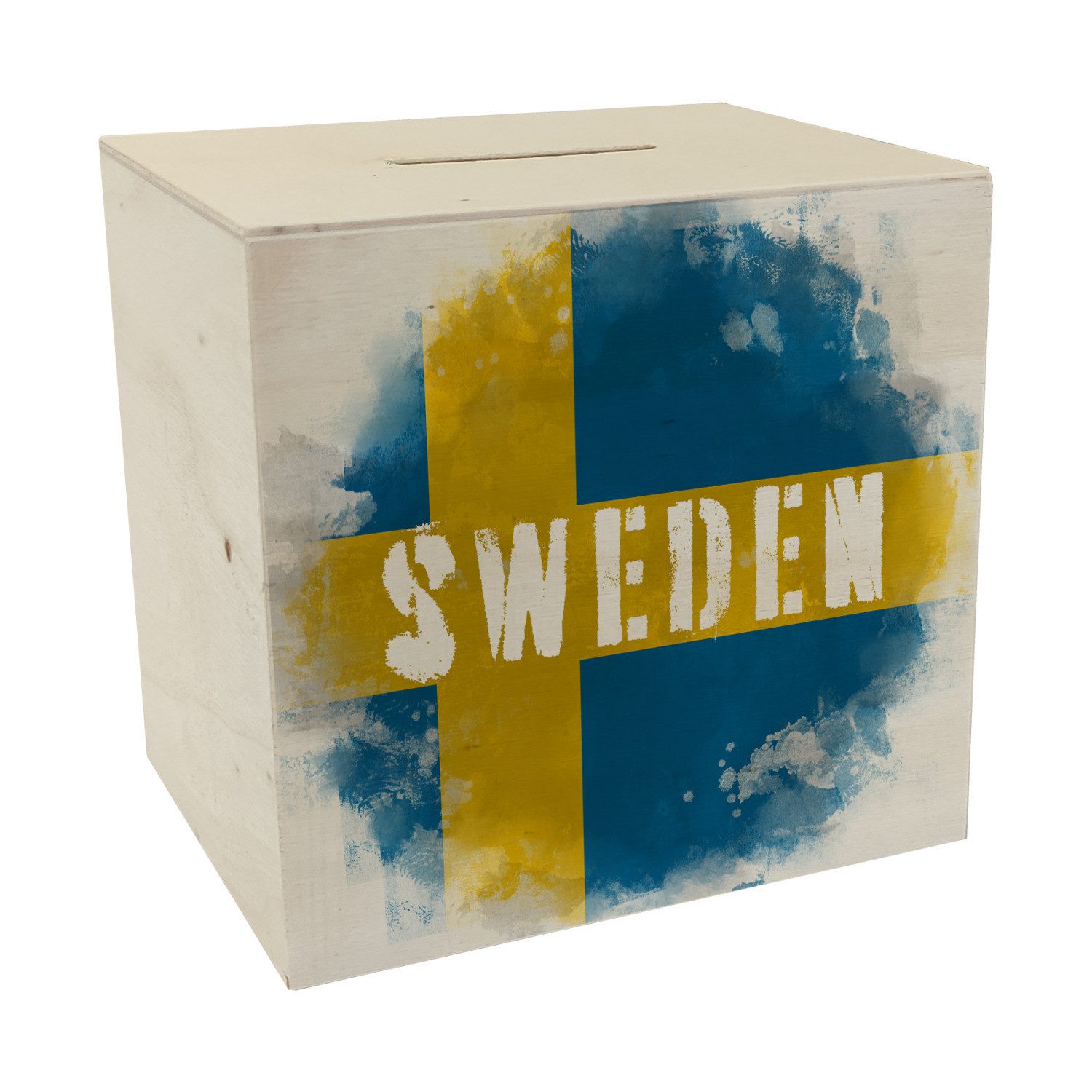 speecheese Spardose Spardose aus Holz mit Schweden Flagge im Used Look Sparschwein für