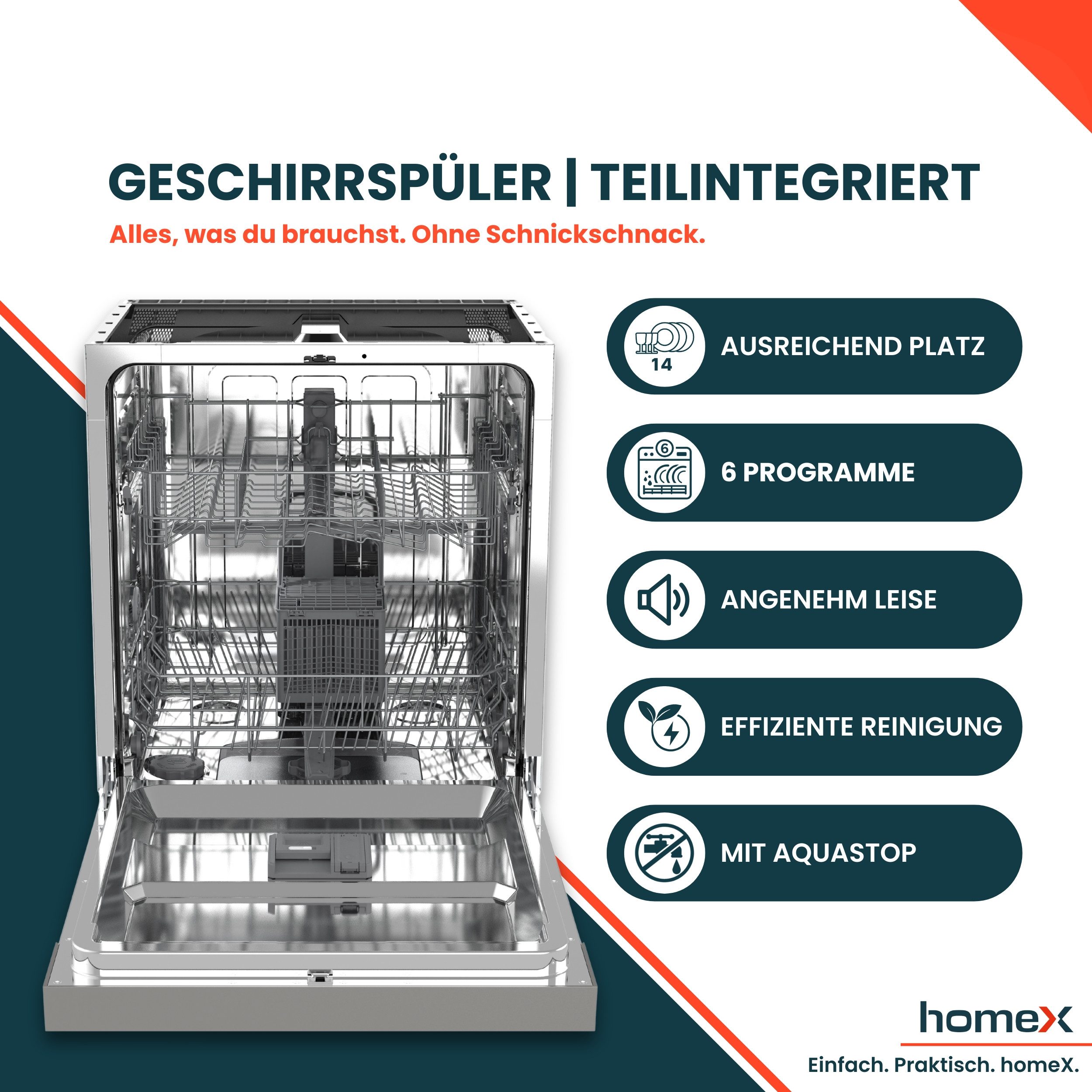 homeX teilintegrierbarer Geschirrspüler DWSI601449E, 12 l, 14 Maßgedecke, Einbau Spülmaschine teilintegriert 60 cm, 6 Programme, AquaStop, 49 dB