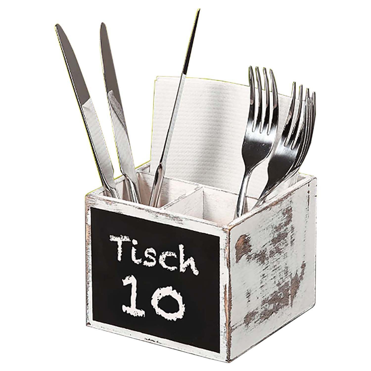 Kesper Besteckträger 8 Stück Besteckbox, 3 Fächer & Kreidetafel - Pappelholz weiß rustikal, (8-tlg), mit Kreidetafel zur individuellen Beschriftung