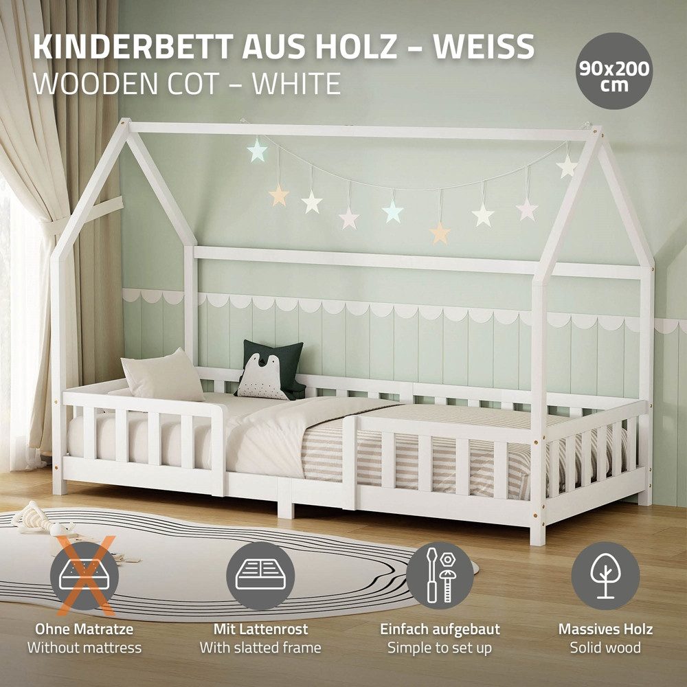 ML-DESIGN Spielbett Hausbett Kinderbett inkl. Lattenrost kreativ Bodenbett für Kinder, Abenteuerbett ohne Matratze 90x200cm Holzbett Weiß Kiefer Bettgestell