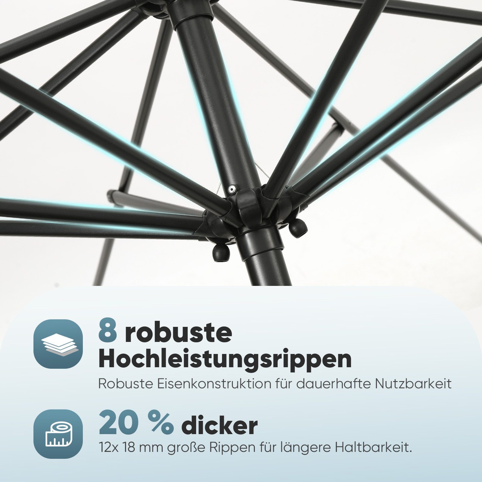 Sekey Sonnenschirm ø 200/270/300 cm Gartenschirm Rund, Marktschirm Knickbar, mit Kurbel, LxB: 300x300 cm, sonnenschirm 300cm, Neigungswinkel, für Balkon Garten, – Bild 3 von 5