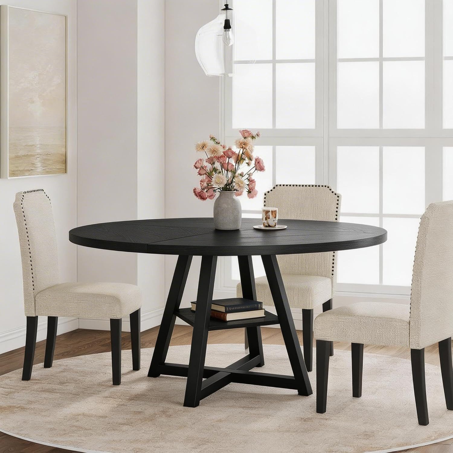 GarveeMore Esstisch Runder (120 cm) für 4–6 Personen, runder Holztisch mit Ablagefach, Esszimmertisch im Industrial-Stil für Küche und Esszimmer,platzsparend