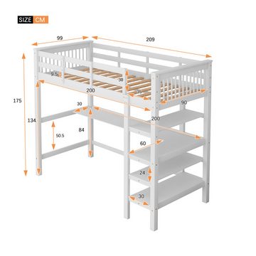 NMonet Hochbett Kinderbett Massivholzbett mit 4 Ablagefächern und Unterbettschreibtisch, 90x200cm