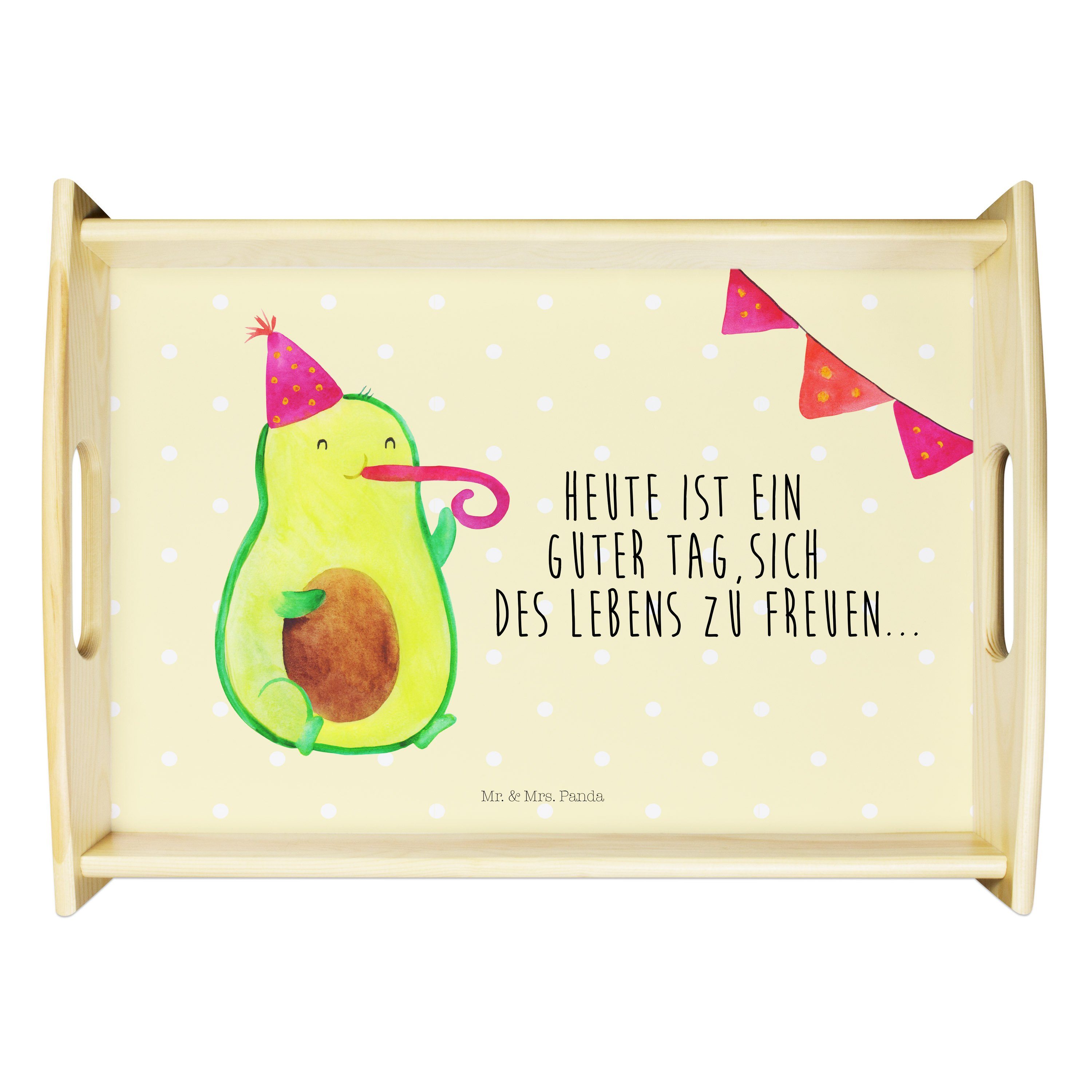 Mr. & Mrs. Panda Tablett Avocado Party - Gelb Pastell - Geschenk, Bestanden, Tablett, Glücklic, Echtholz lasiert, (1-tlg)