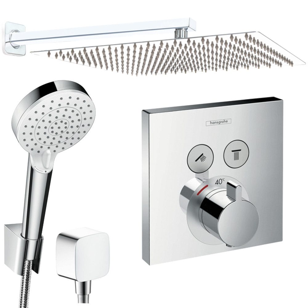 Hansgrohe und Jowi Duscharmatur ShowerSelect Thermostat, Unterputz Duschsystem mit Kopfbrause (Unterputz-Duschsystem, Set) Thermostat, Kopfbrause und Brausearm aus Edelstahl