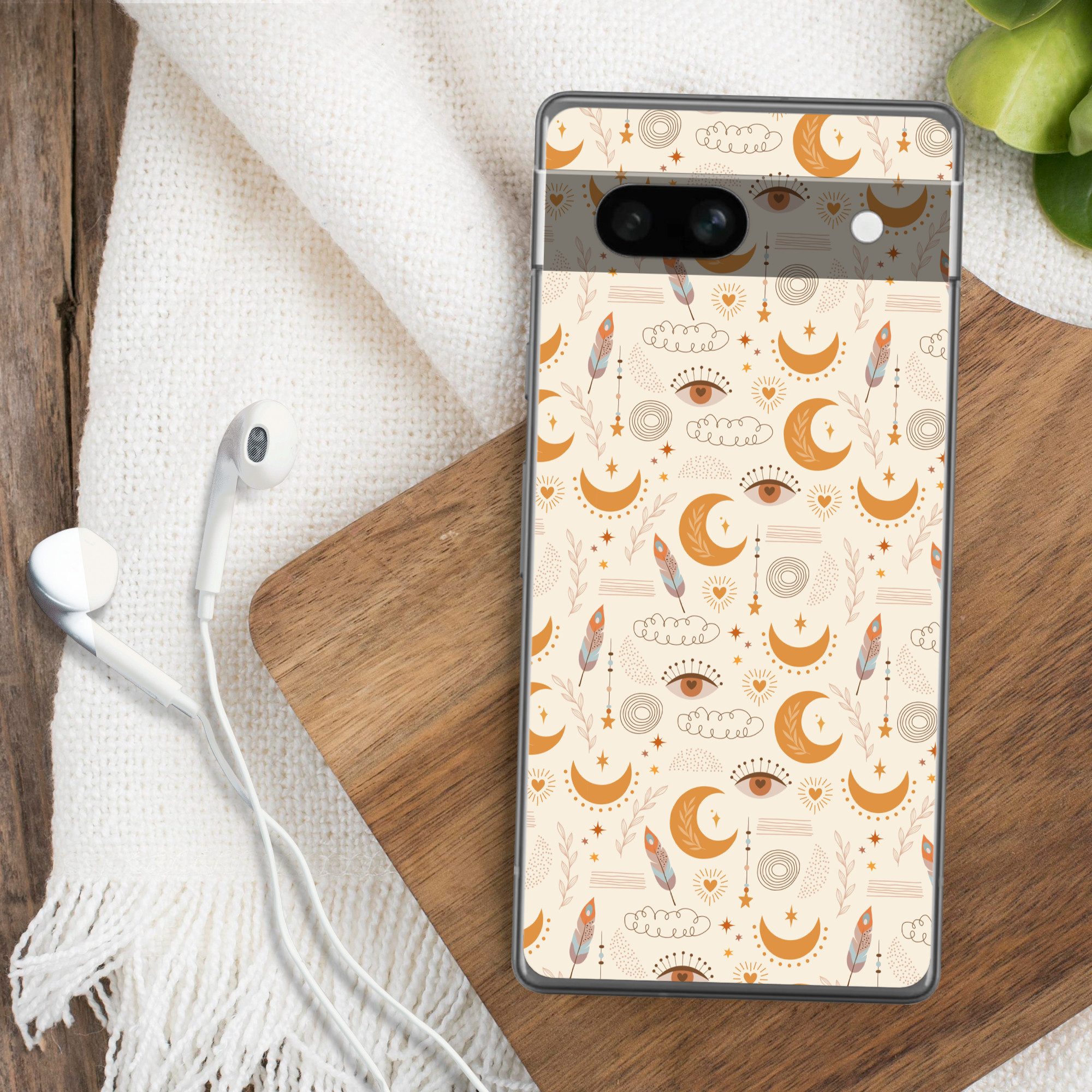 MuchoWow Handyhülle für Google Pixel 7a Boho - Druck - Augen - Mond - Federn - Beige, Handy Case, Silikon, Bumper Case Dünn