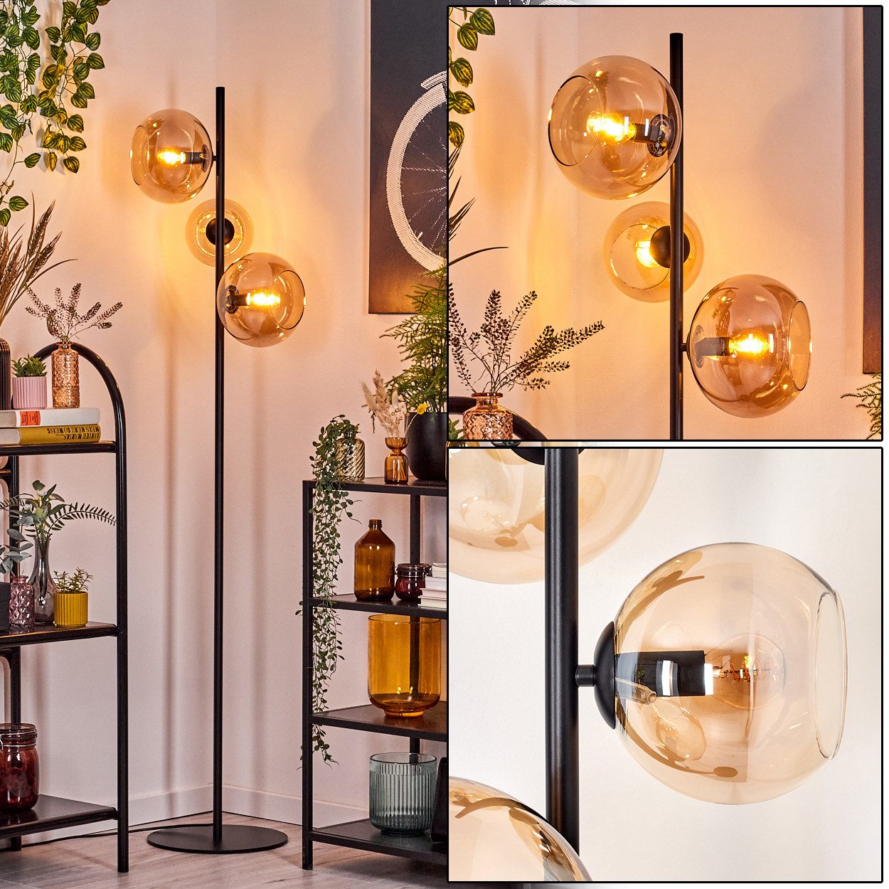 Stehlampe Stehlampe aus Metall/Glas in Schwarz/Bernsteinfarben mit Fußschalter