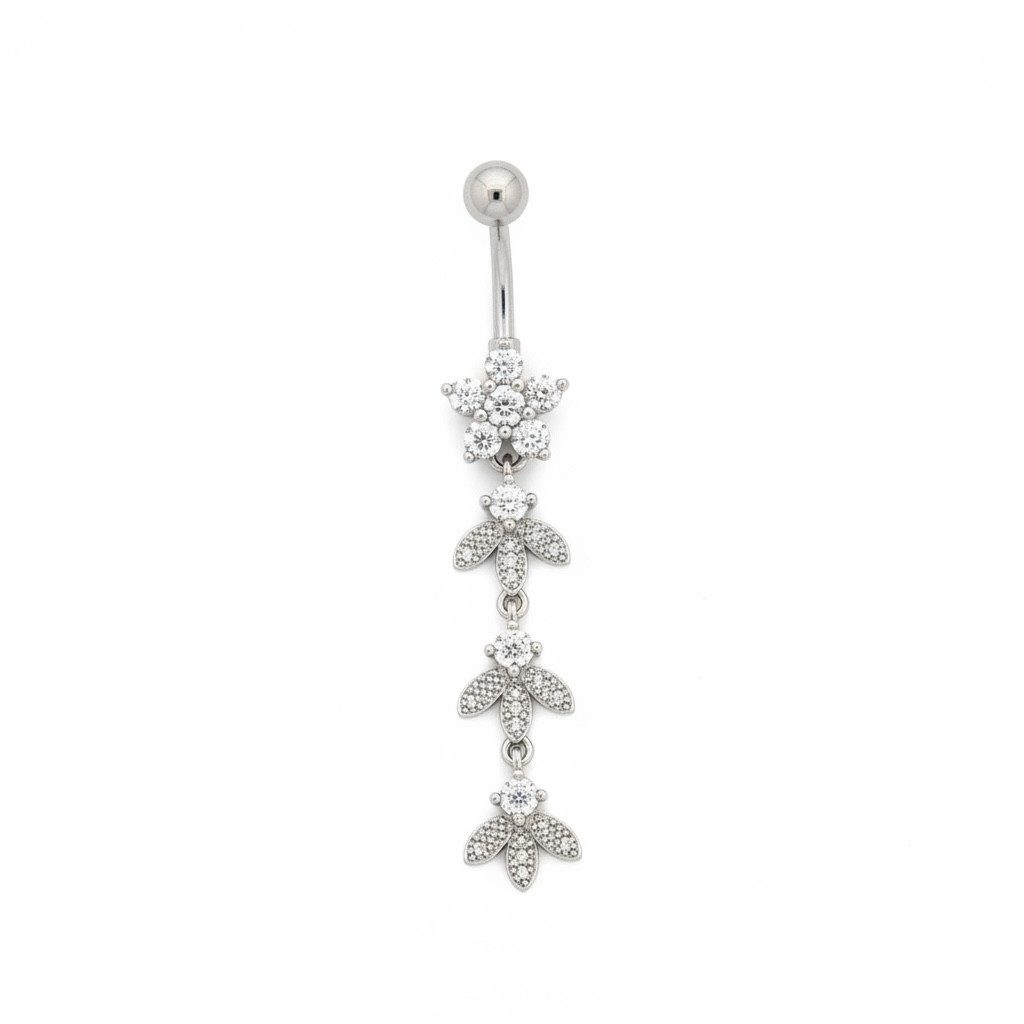 Karisma Schmuck Bauchnabelpiercing hängend Edelstahl Chirurgenstahl 316L Bananabell Piercing mit Zirkonia, Blume und Blätter-Anhänger Klar Weiß Silberfarben