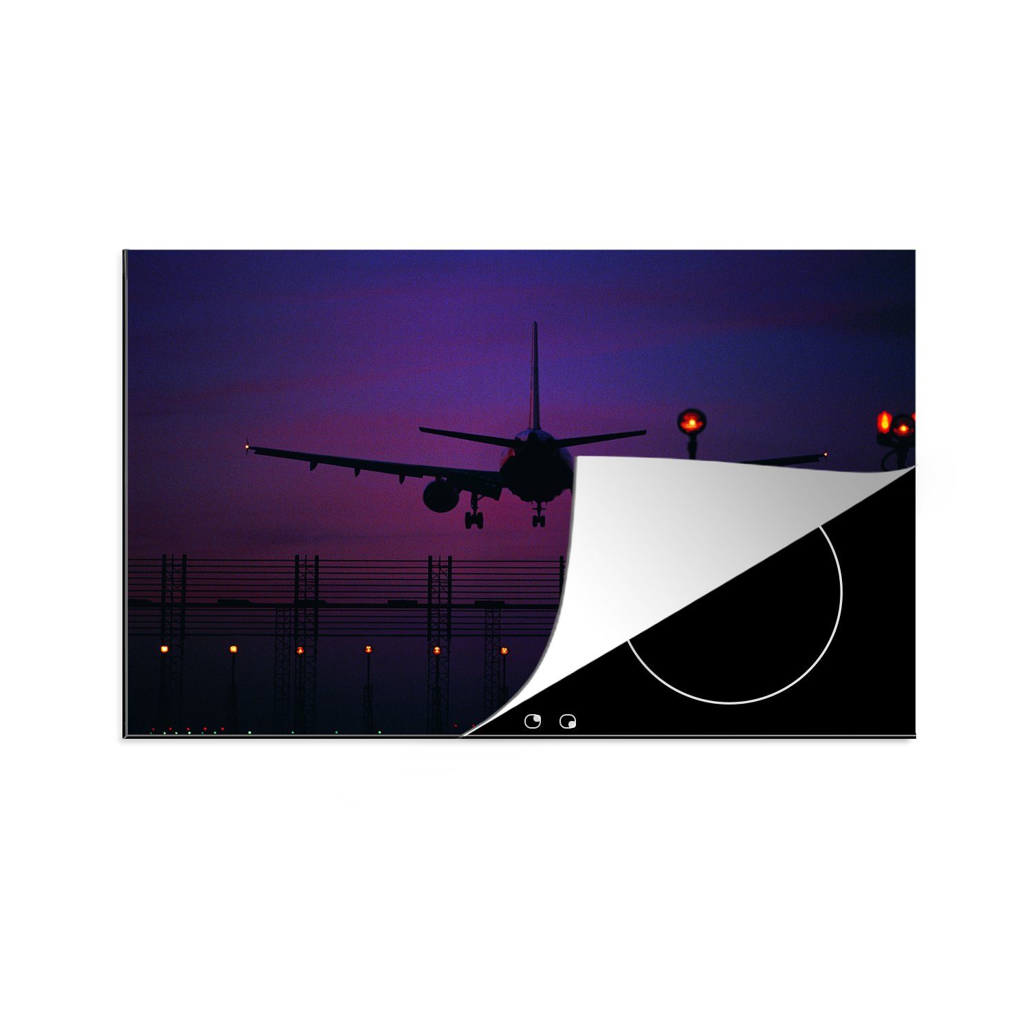 MuchoWow Herdblende-/Abdeckplatte Silhouette eines Flugzeugs in der Nacht, Vinyl, (1 tlg), 81x52 cm, Induktionskochfeld Schutz für die küche, Ceranfeldabdeckung