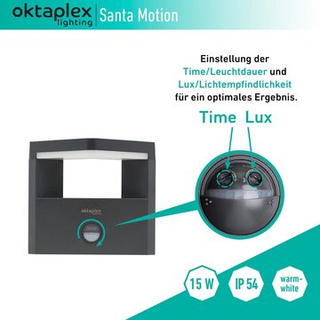 Oktaplex lighting LED Außen-Wandleuchte Santa, Bewegungsmelder, LED fest integriert, Warmweiß, 3000K 1000lm 15W Außenlampe IP54 anthrazit