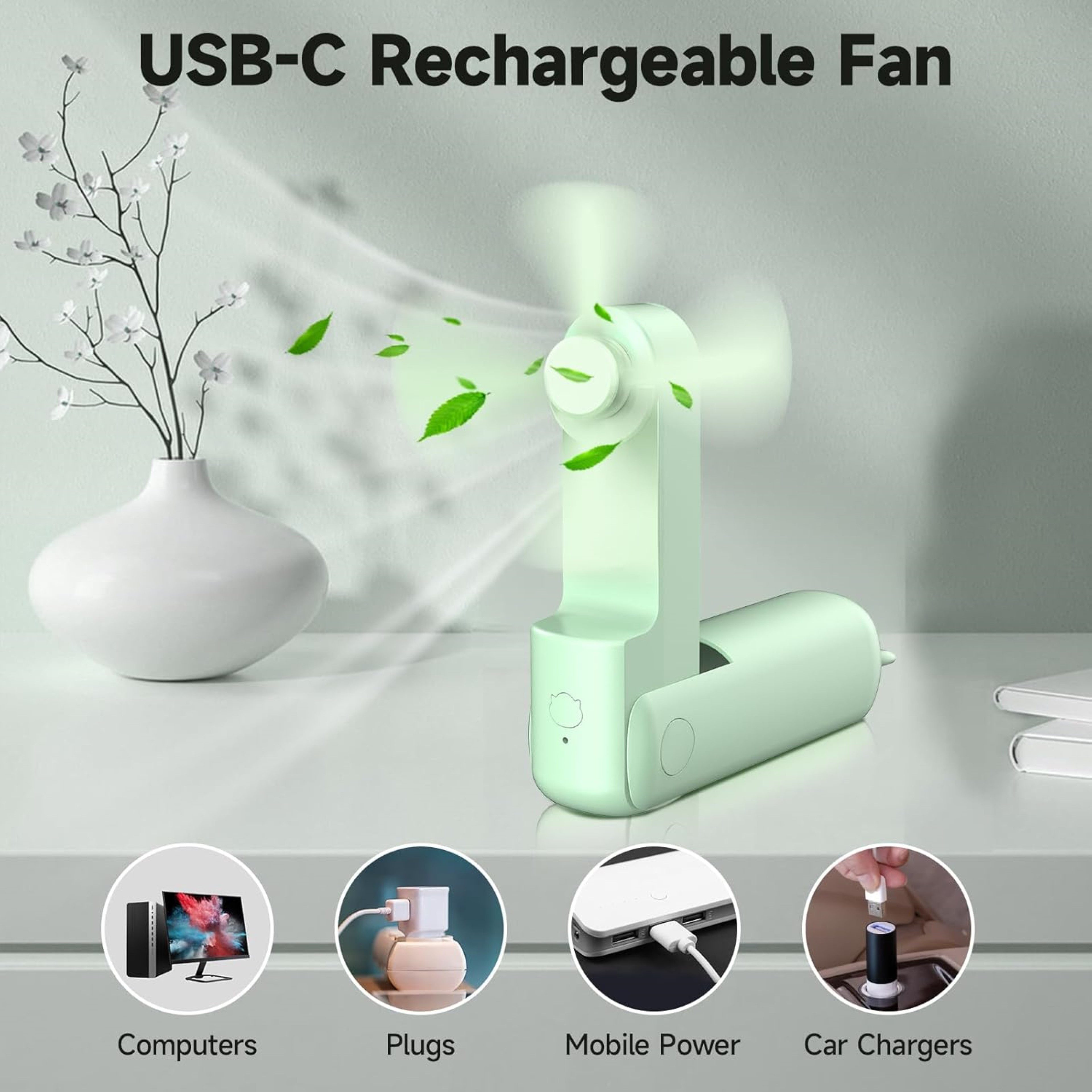 LA CUTE Handventilator Tragbarer Mini Handventilator faltbar USB-C Akku leise Grün, Faltbar, Powerbank-Funktion, 3 Stufen, leise, tragbar