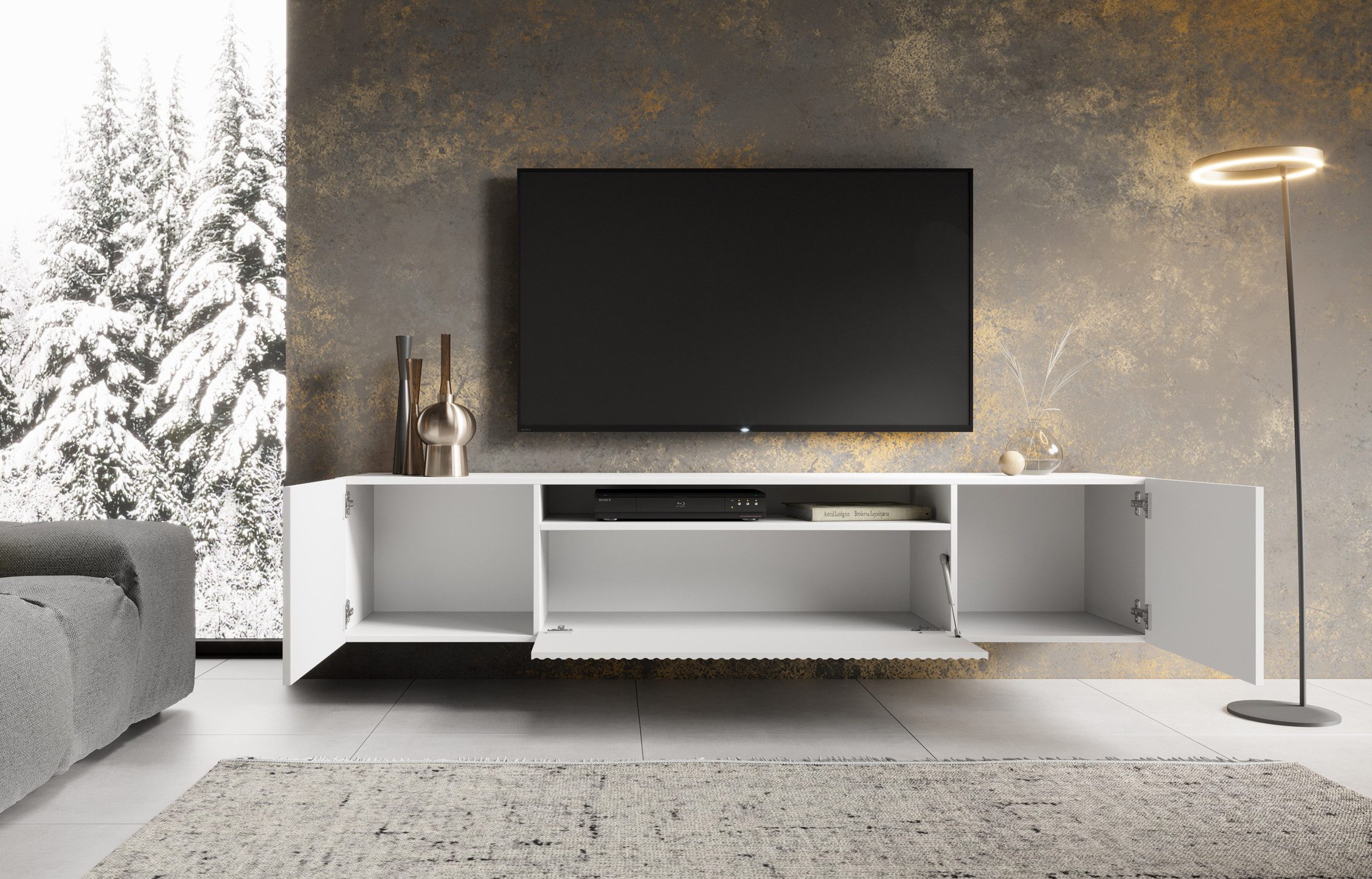 MOEBLO TV-Board VIRENO (TV-Schrank – modern, stehend oder hängend, mit geräumigen Fächern & stilvollen Fronten, 200 cm, verschiedene Farben), (BxHxT): 200 x 53 x 41 cm