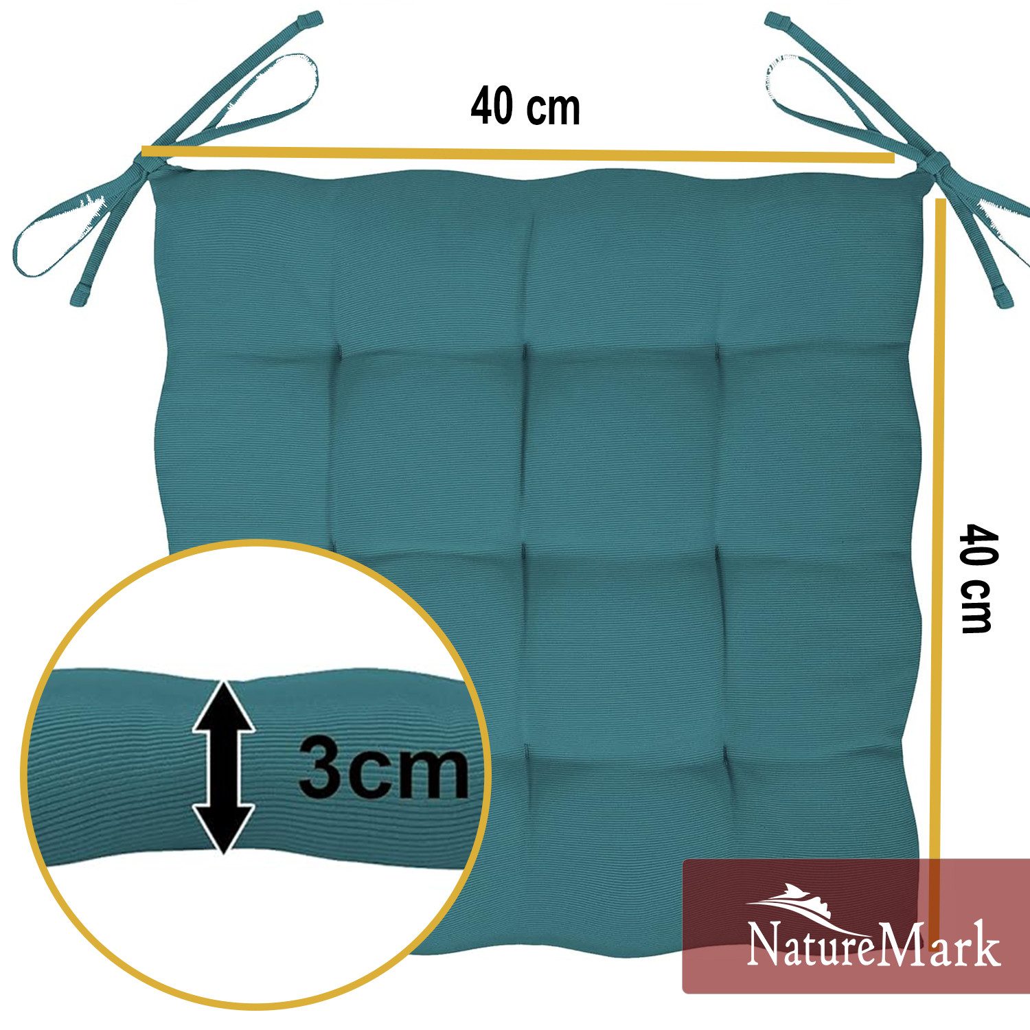 NatureMark Sitzkissen 4er-Set Stuhlkissen 40x40cm mit Bändern, Sitzpolster Kissen 4er Pack, schadstoffgeprüft, Petrol