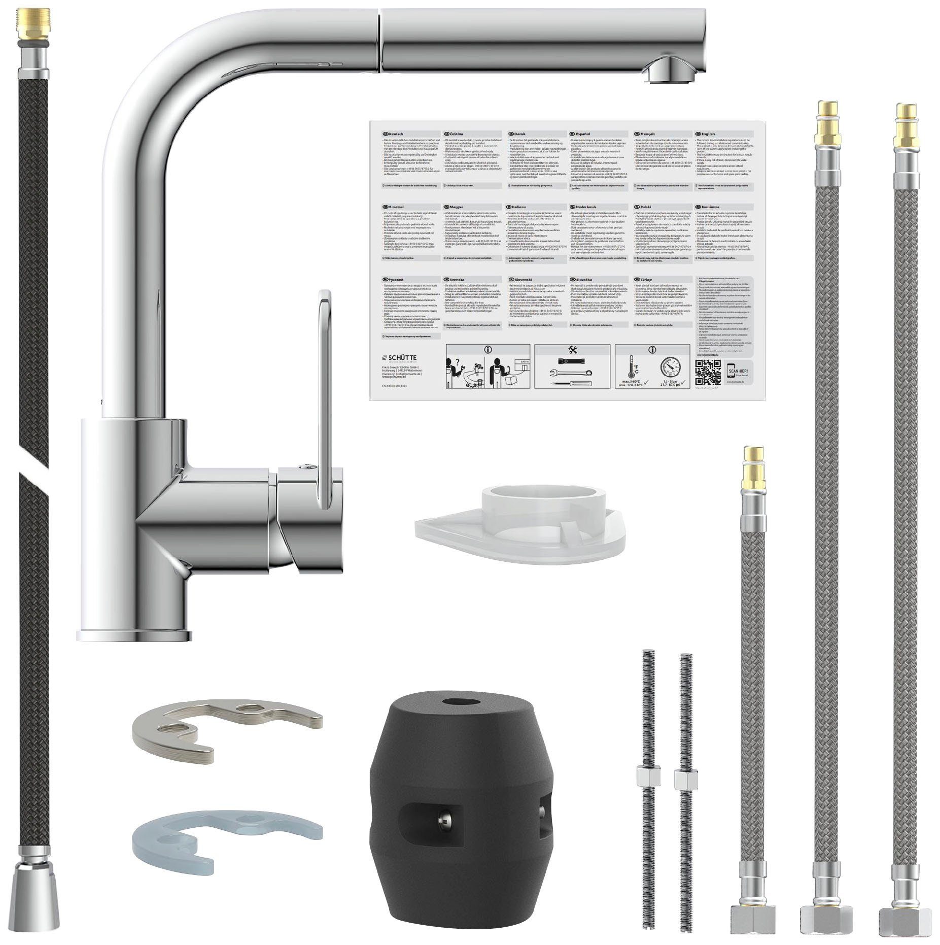 ausziehbar, Geschirrbrause, schwenkbar, Design Schütte chromfarben mit Hochdruck Spültischarmatur