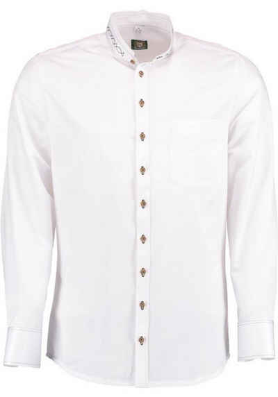 OS-Trachten Trachtenhemd Trachtenhemd weiß,grüne Stickerei, Stehkragen