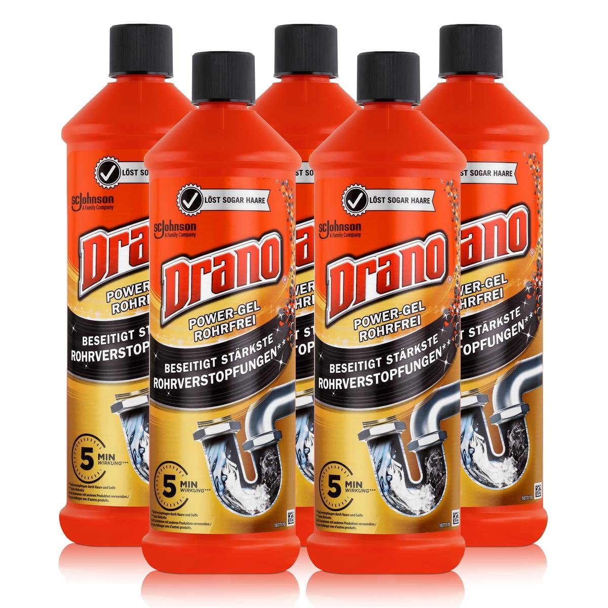 Mr Muscle Drano Power-Gel Rohrfrei 1 Liter - Löst sogar Haare (5er Pack) Rohrreiniger