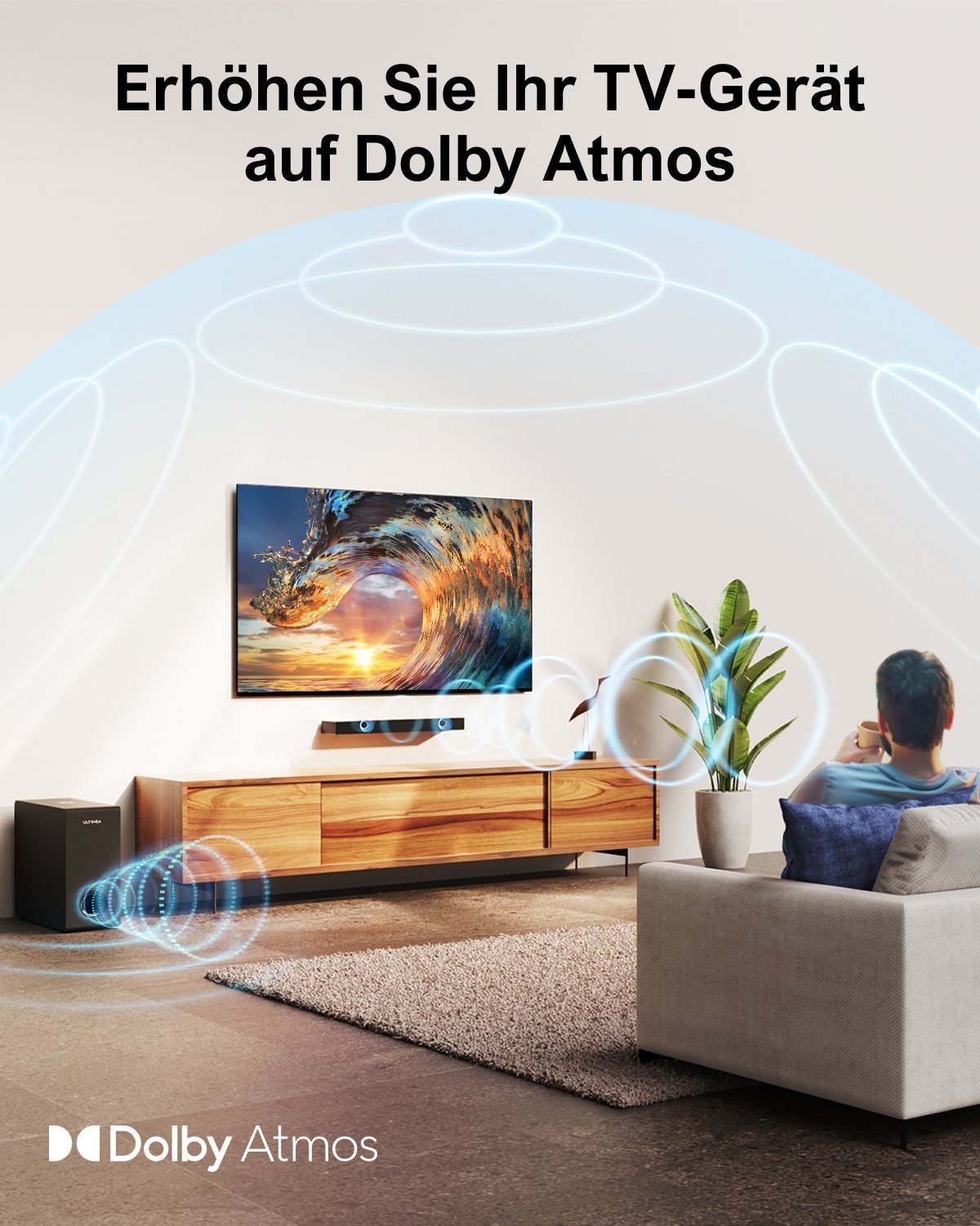 Ultimea Nova S50 2.1 Bass Verbesserter Dolby Soundbar Atmos Lautsprecher, (190 eARC) HDMI 3D W, Surround, Dolby TV Atmos