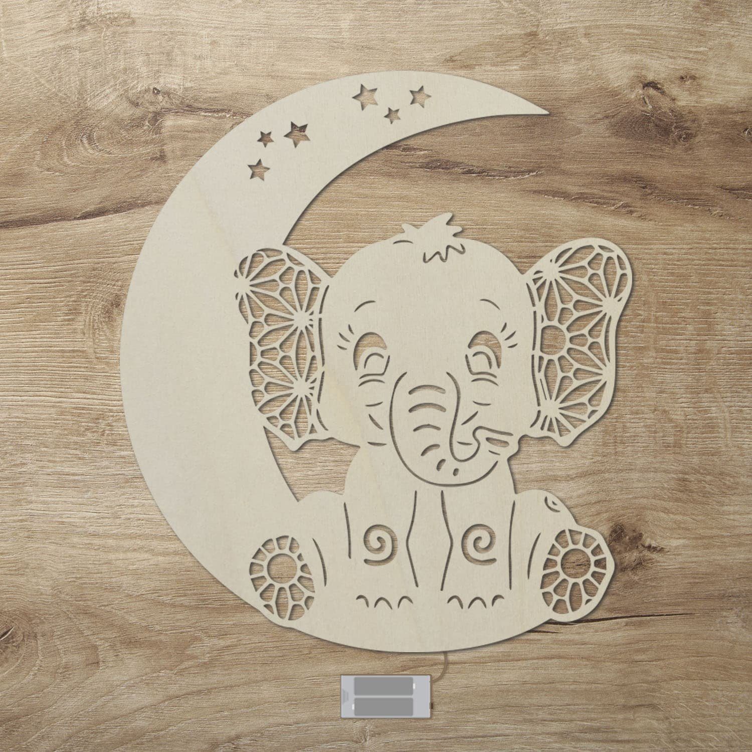 Zugschalter, Warmweiß, LED mit Kleinkinder, batteriebetrieben Elefanten LED Leuchte Motiv für fest Wanddekoobjekt Schlaflicht Kinderzimmer Ohne auf Nachtlicht Mond Elefant Unbehandelt integriert, Namofactur -