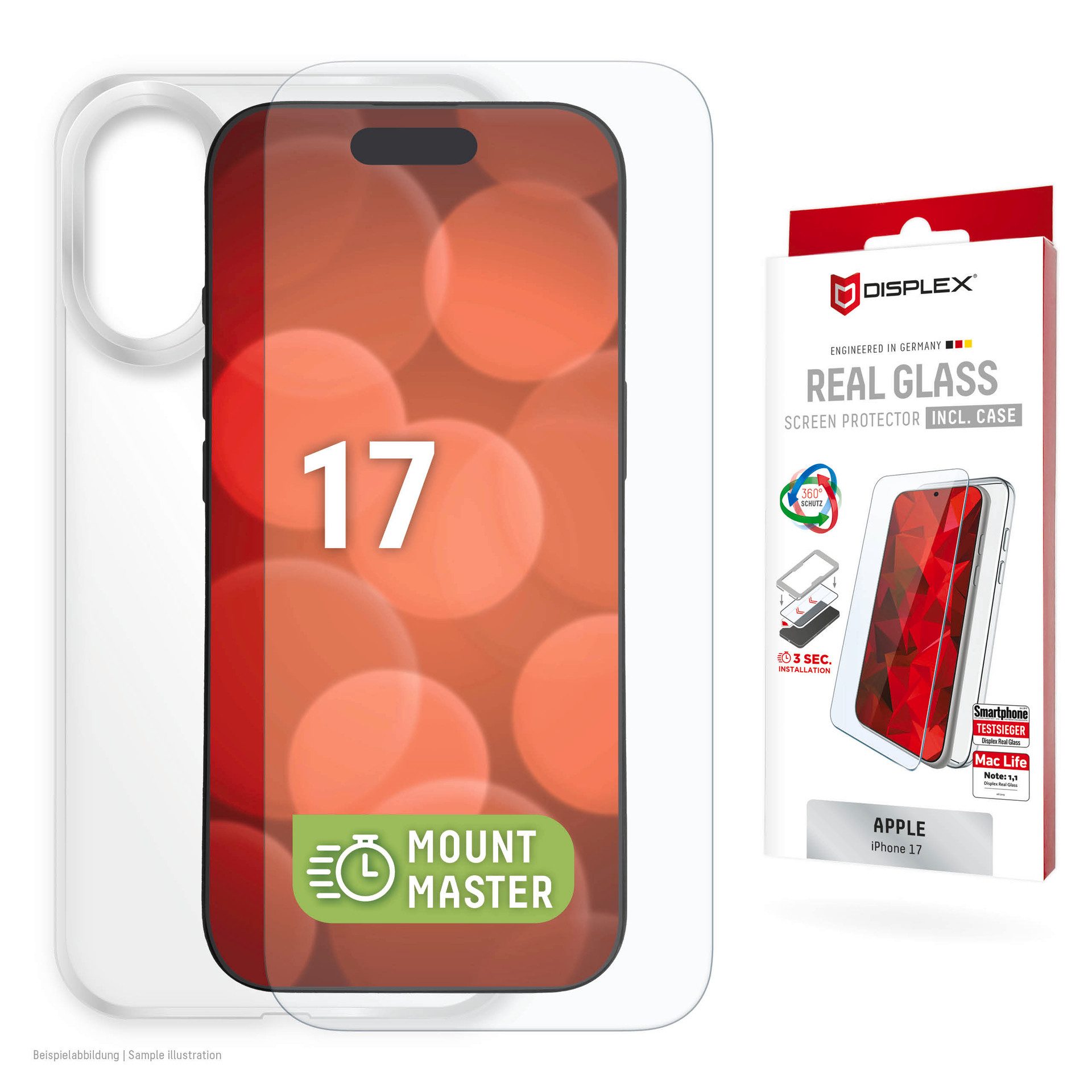 Displex Displayschutzglas Real Glass Screen Protector + Case mit EASY-ON MountMaster für Apple iPhone 17, Displayschutzfolie, Schutzfolie, Bildschirmschutz, kratz- & stoßfest