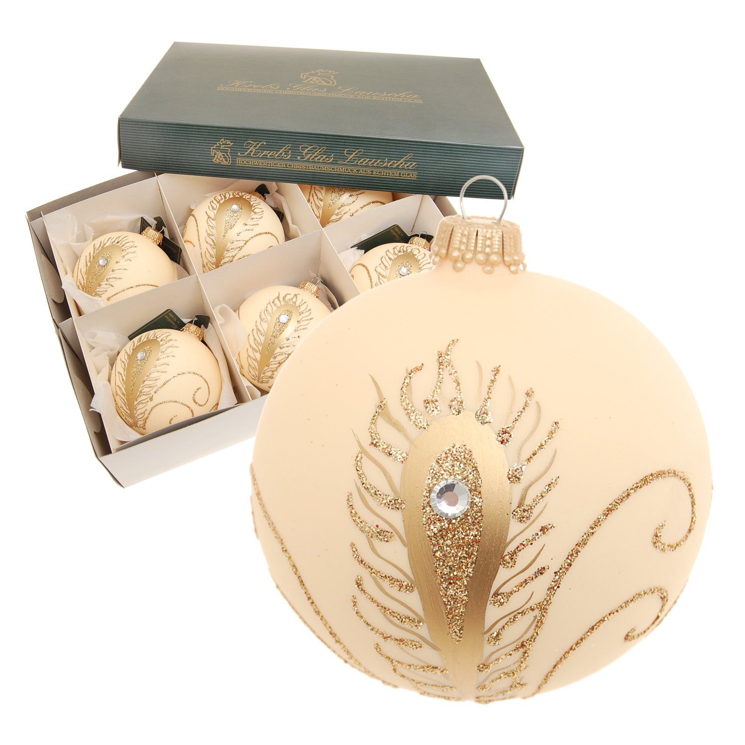 Christbaumschmuck Elfenbein matt 8cm Glaskugel mundgeblasen und handdekoriert mit