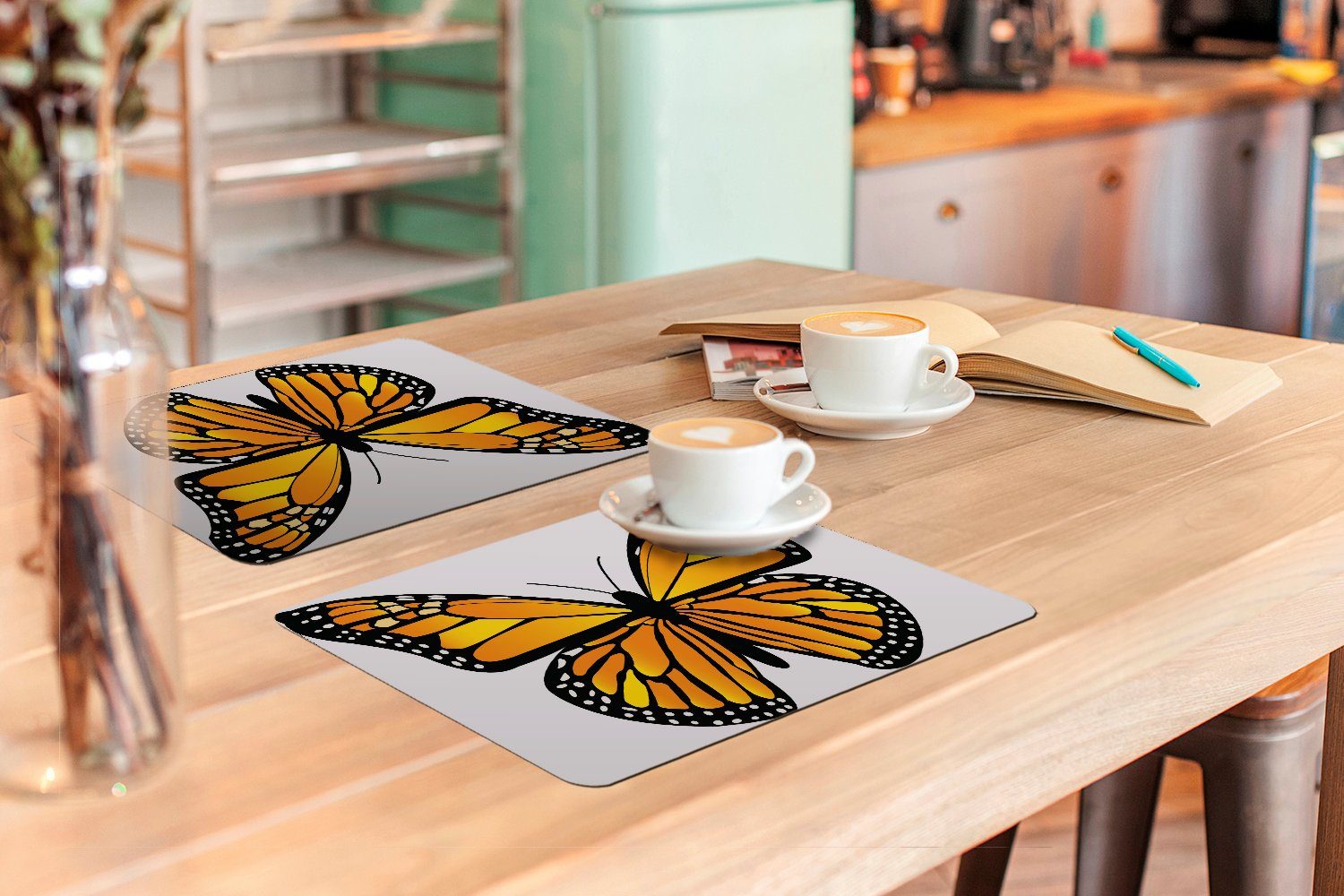 Platzset, Eine Illustration Schmetterlings, Tischmatten, (6-St), Platzset, Platzdecken, eines Platzmatte, gelb-orangen Schmutzabweisend MuchoWow