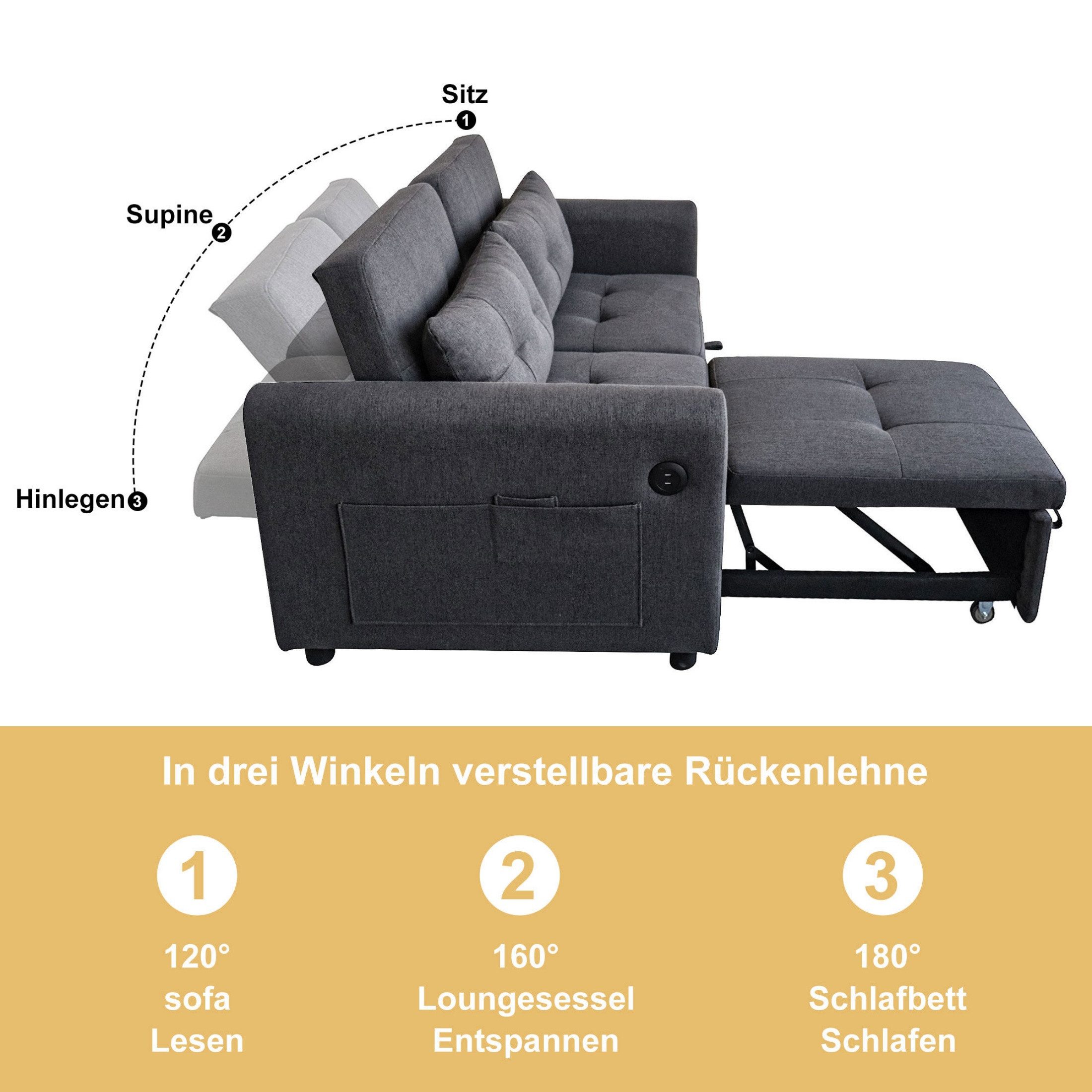 autolock Schlafsofa 3-in-1-Ausziehsofa Zweisitzer mit verstellbarer Rückenlehne, USB, Doppelsofa Loveseat-Sofa für Wohnzimmer, Schlafzimmer, Wohnung