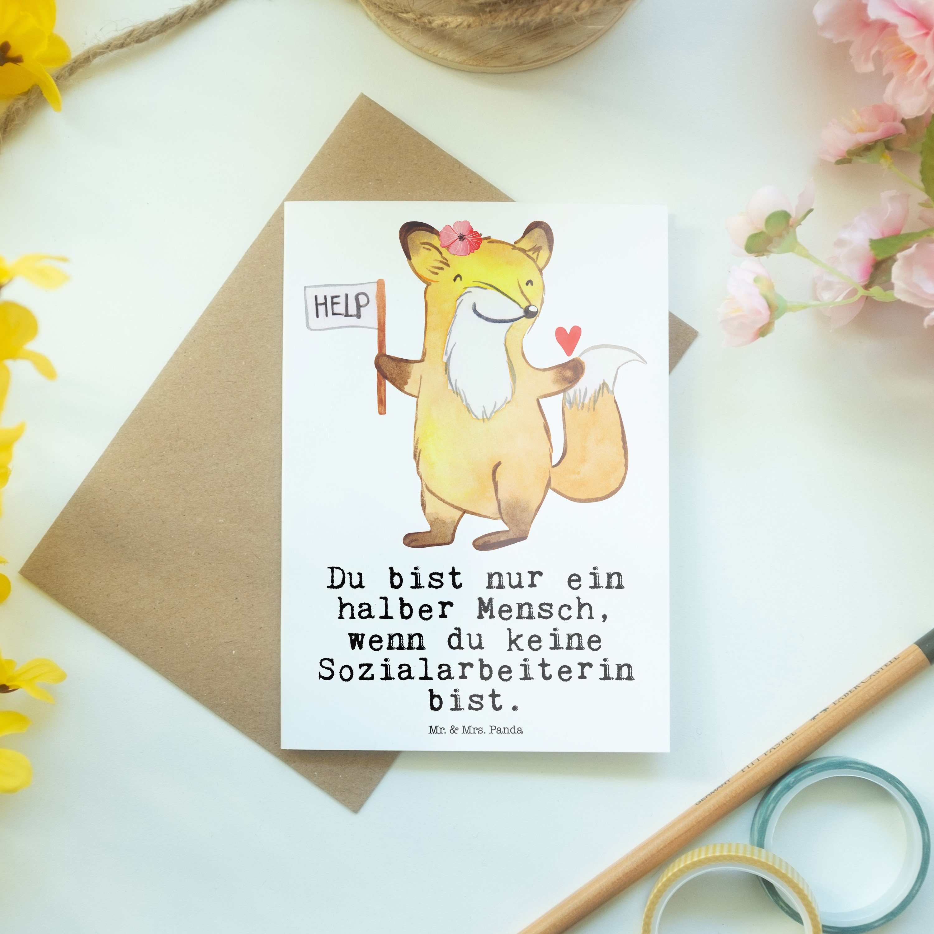 Mr. Rente - Geburtstagskarte, & Grußkarte mit Geschenk, Sozialarbeiterin Herz - Mrs. Panda Weiß