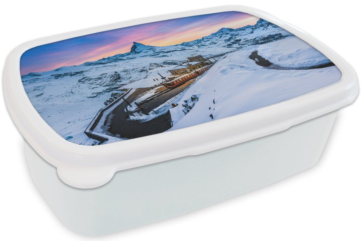 am Brotbox Mädchen weiß Lunchbox der Erwachsene, Dämmerung (2-tlg), und MuchoWow Brotdose, und Schweizer Kinder Kunststoff, Gornergratbahn, bei Jungs Matterhorn für für