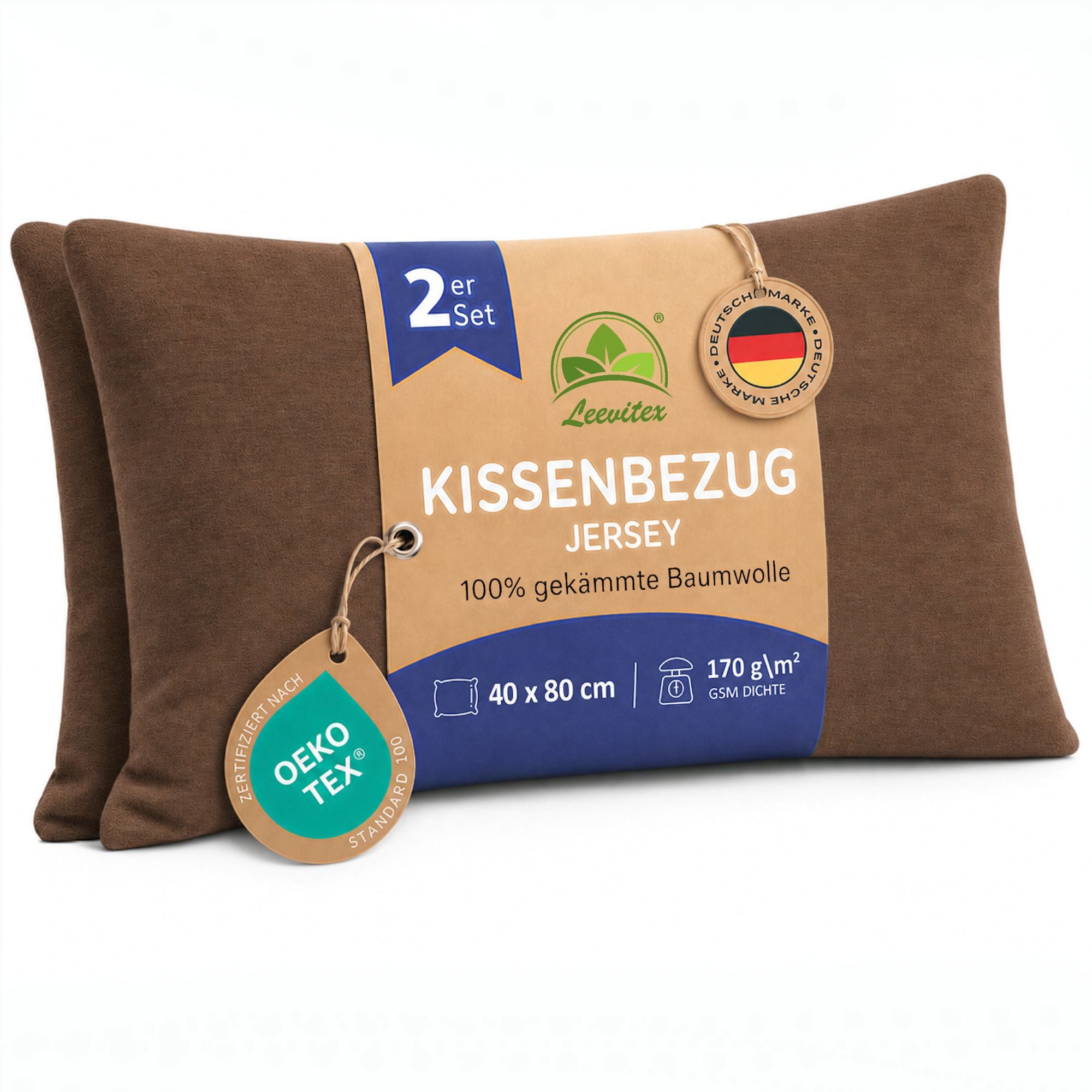 leevitex® Kissenbezüge Kissenbezug 40 x 80 cm, 2er Set, Schokobraun/Dunkelbraun, (2 Stück), feine Jersey-Qualität, 100% Baumwolle, robuster Reißverschluss