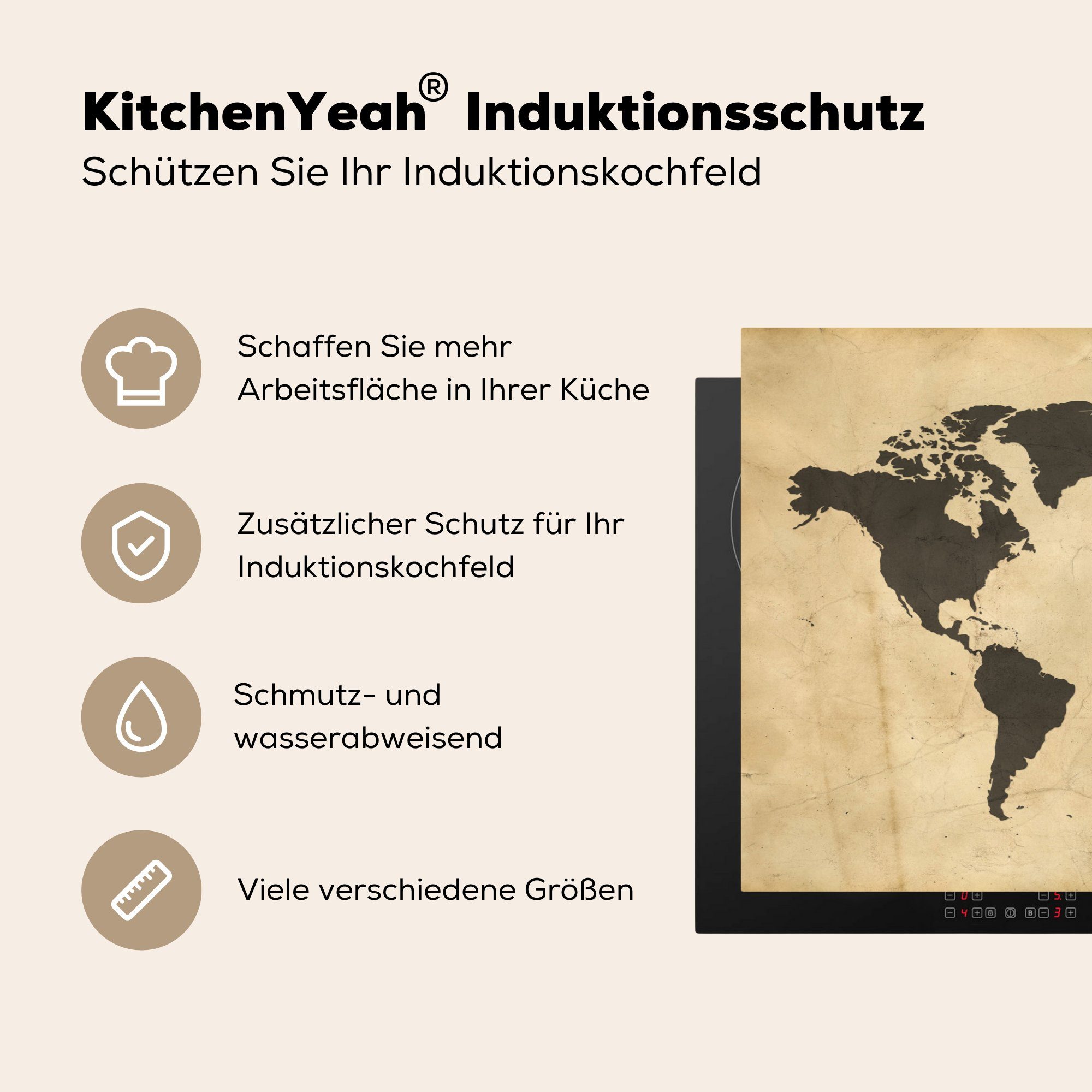 (1 Induktionskochfeld - - 81x52 küche, cm, Sepia Schutz Ceranfeldabdeckung die Braun, für Weltkarte Vinyl, Vintage Herdblende-/Abdeckplatte - MuchoWow tlg),