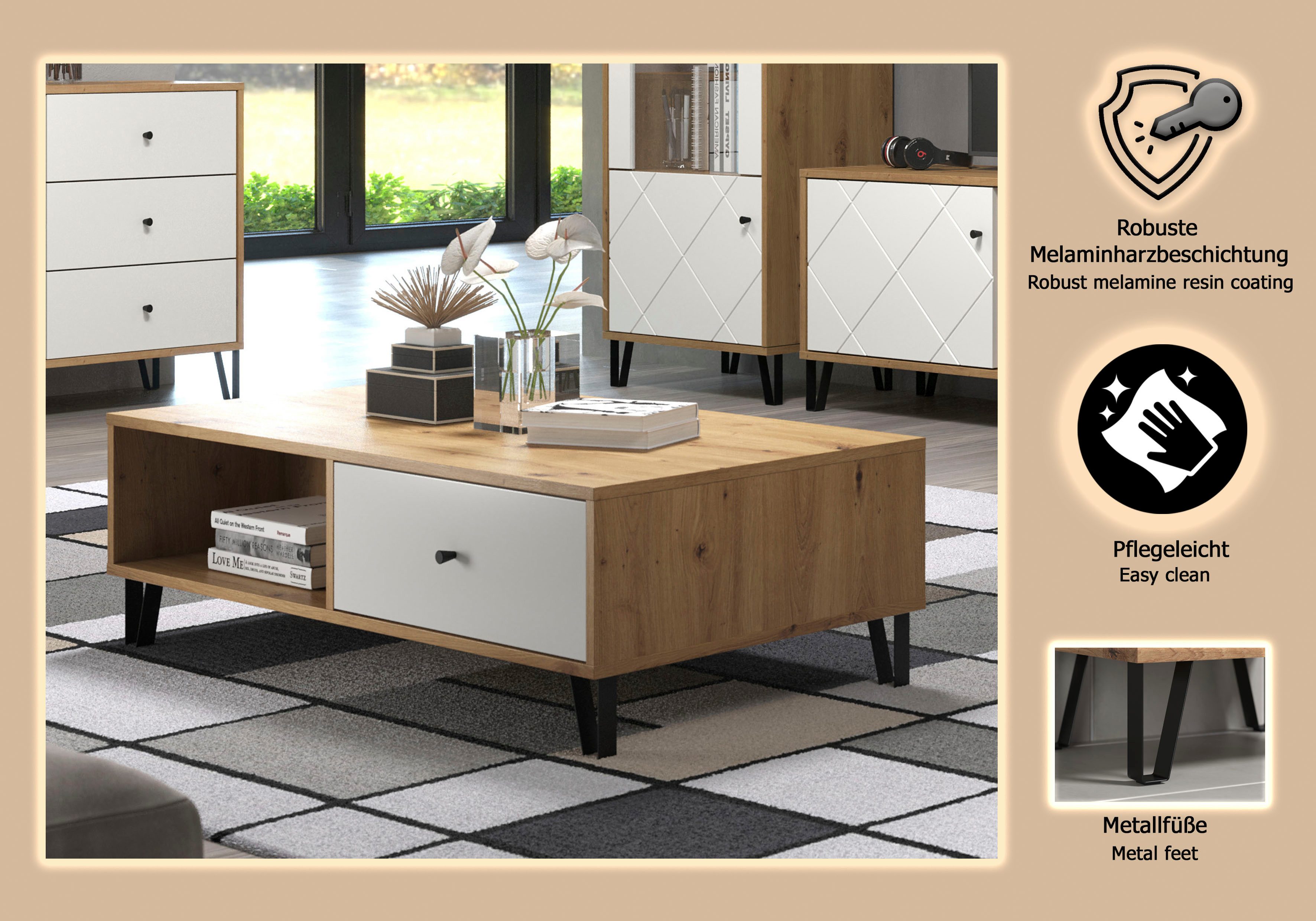 Home affaire Couchtisch Tarragona, Couchtisch m. 2 Schub.K, 2 Fächern & Soft-Close - (B/T/H) 110/60/37 cm