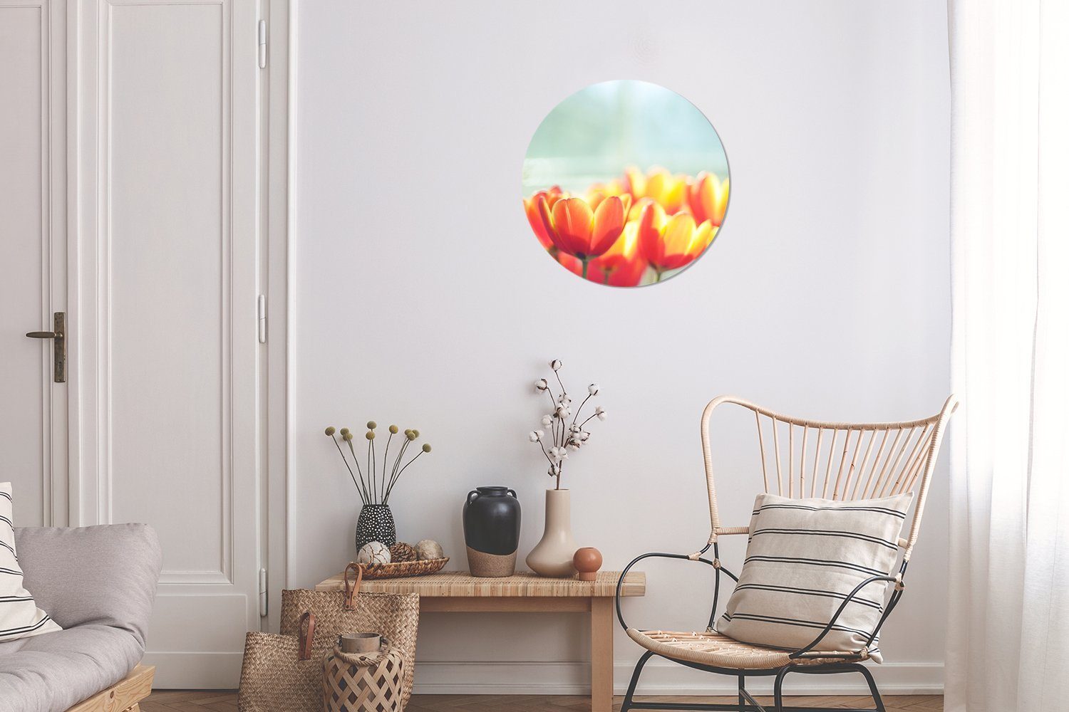 Rundes Gemälde Tulpen und der Kreis cm Gelbe Sonne, orangefarbene Forex, MuchoWow 30x30 (1 Wanddekoration Wandbild, St), in Wohnzimmer,