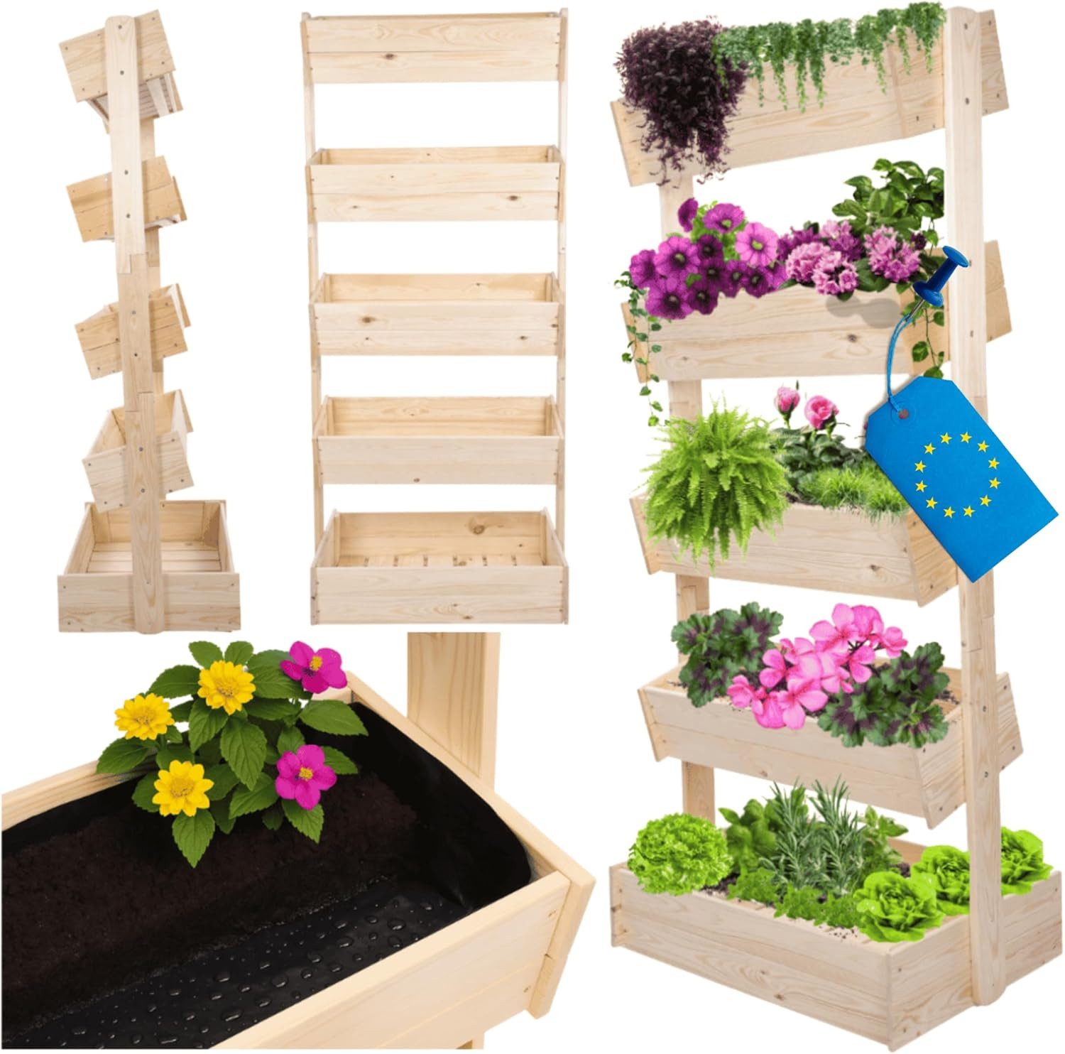 Modo24 Blumenständer Vertikales Blumenregal aus Holz, Pflanzenregal, 4 oder 5 Ebenen, Pflanzenständer, Blumentöpfe, Pflanzentreppe, Blumenkasten, Wetterfest, Blumensäule