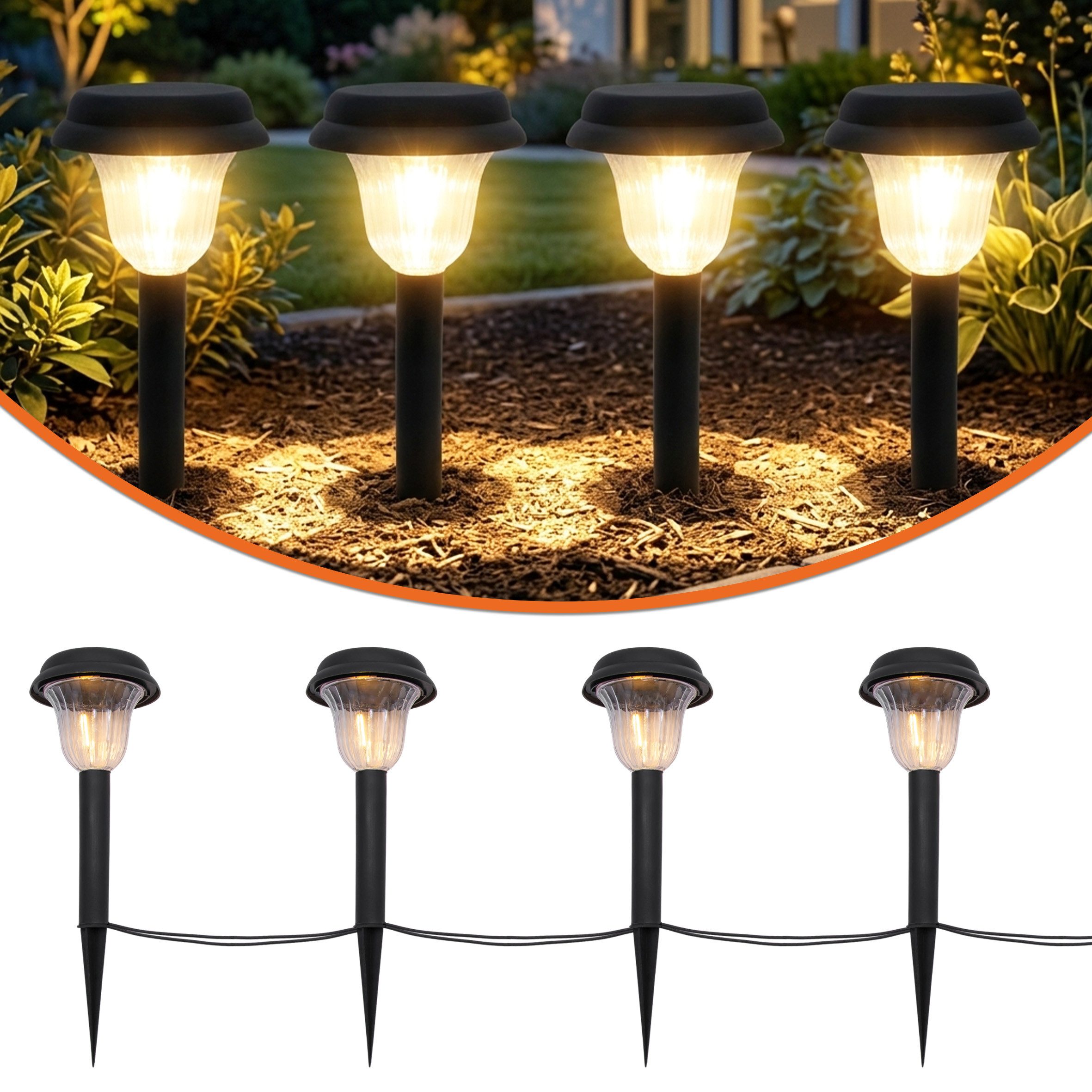 Spetebo LED Gartenleuchte Kunststoff Gehwegleuchte schwarz 4er Set mit Erdspieß kabelgebunden, 4er Set, LED fest integriert, warm weiss, Inklusive Netzstecker