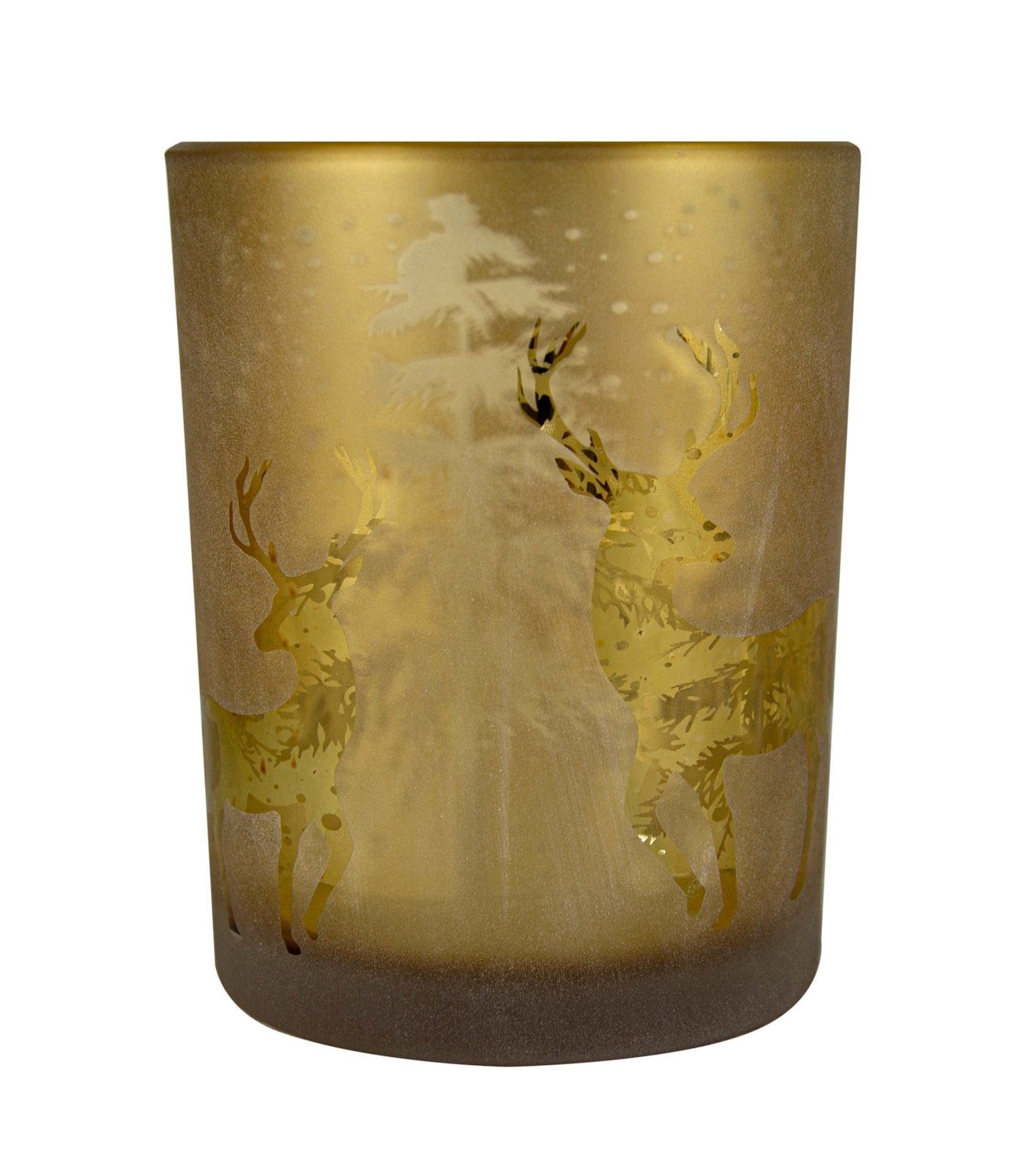 Parts4Living Windlicht Glas Teelichthalter mit Wald-und Rentiermotiv Teelichtglas mit Hirschen Tischdeko Weihnachtsdeko braun gold 12x18 cm, im rustikalen Landhaus Stil