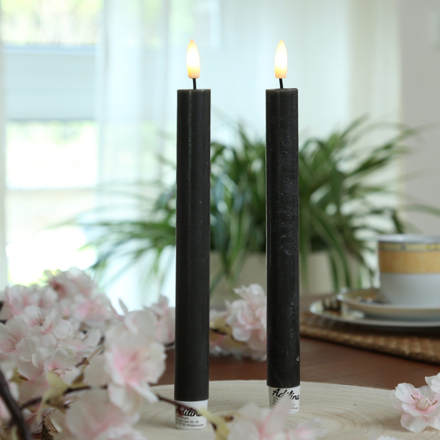 Adilina LED-Kerze LED Stabkerzen Tafelkerzen Dinner Spitzkerzen Rustik 24cm schwarz 2St, warmweiß (2100K bis 3000K)