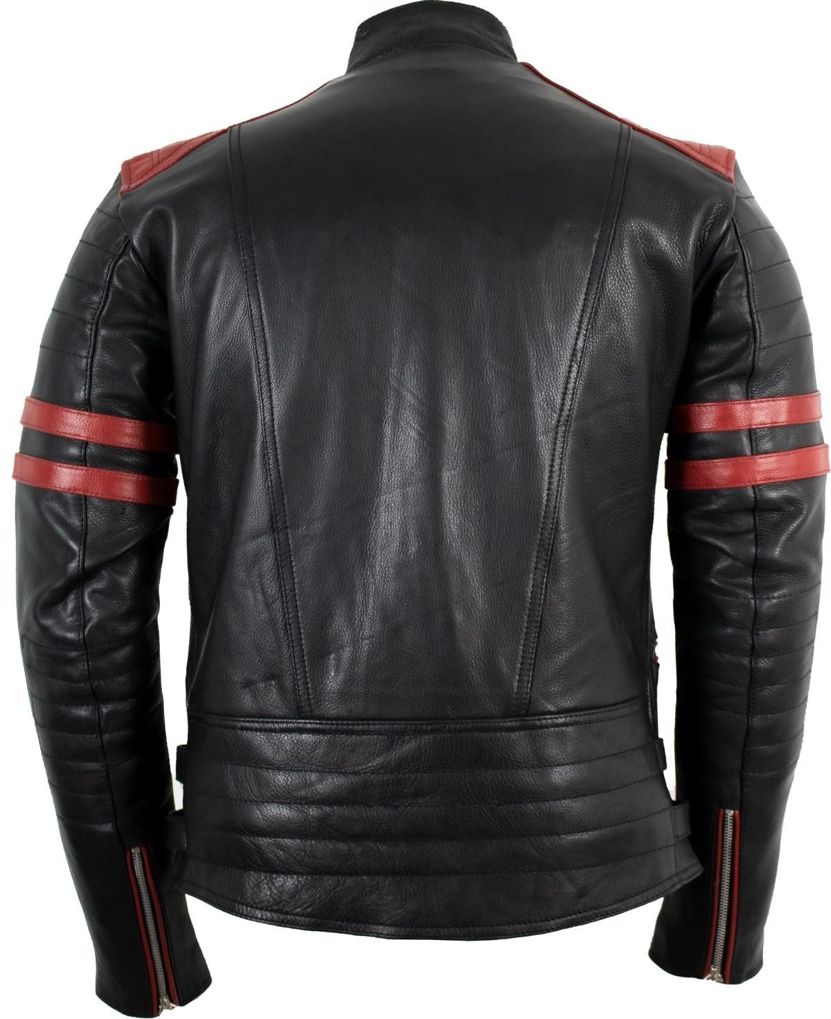 MDM Motorradjacke Herren Motorrad Lederjacke Retro Biker Schwarz Rot (Einzelartikel mit Protektoren, Motorrad Lederjacke Herren, Bikerjacke, Echtleder, Protektoren) mit Protektoren Schulter Ellbogen Rücken