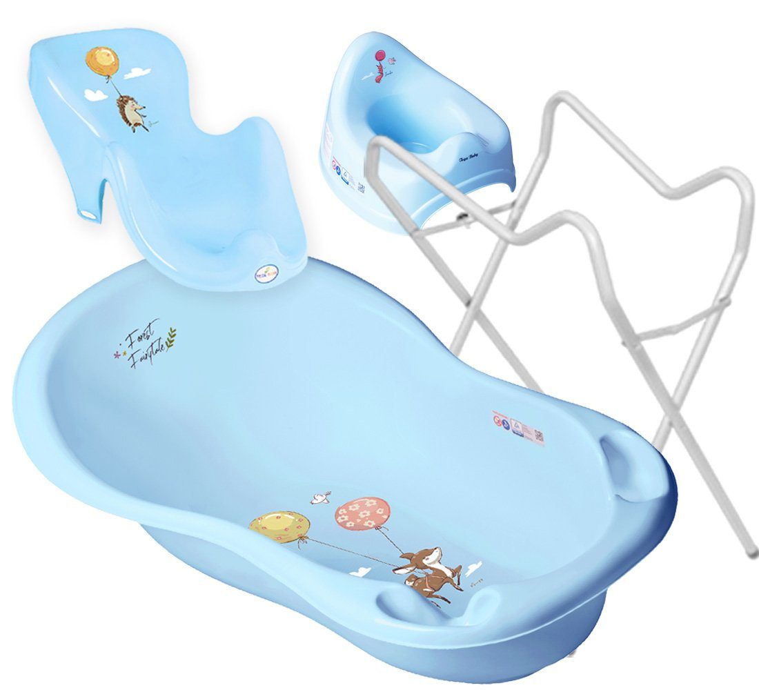 Tega-Baby Babybadewanne 3 Teile Set FOREST Blau + Ständer Weiss - Babybadeset Wanne 86 cm, (Made in Europe Premium-Set), **Babywanne + Badesitz +Ständer ** | Babybadewannen