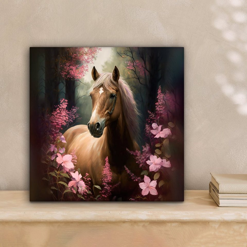 OneMillionCanvasses® Leinwandbild Pferd - Blumen - Rosa - Natur - Wald, (1  St), Leinwand Bilder für Wohnzimmer Schlafzimmer, 20x20 cm